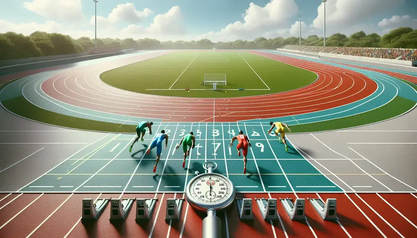 Pista di atletica con atleti in corsa su corsie rosse, erba verde al centro, blocchi di partenza e cielo azzurro con nuvole.