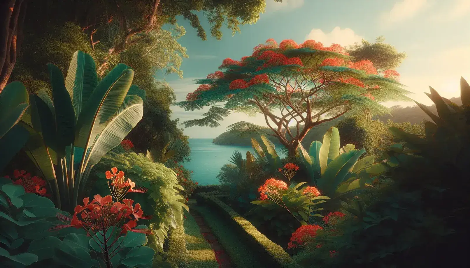 Lush tropical garden with a vibrant green broad-leafed plant in the foreground and a blooming flamboyant tree against a serene sea backdrop.