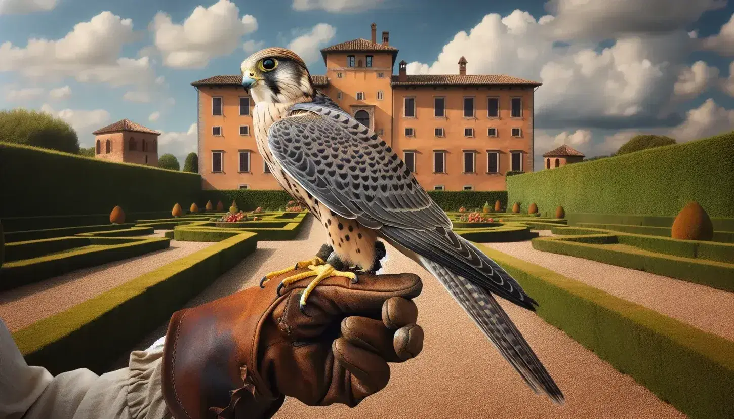 Falco grigio e marrone posato su guanto in pelle, con sfondo di giardino rinascimentale, casa elegante e tavolo con frutta.