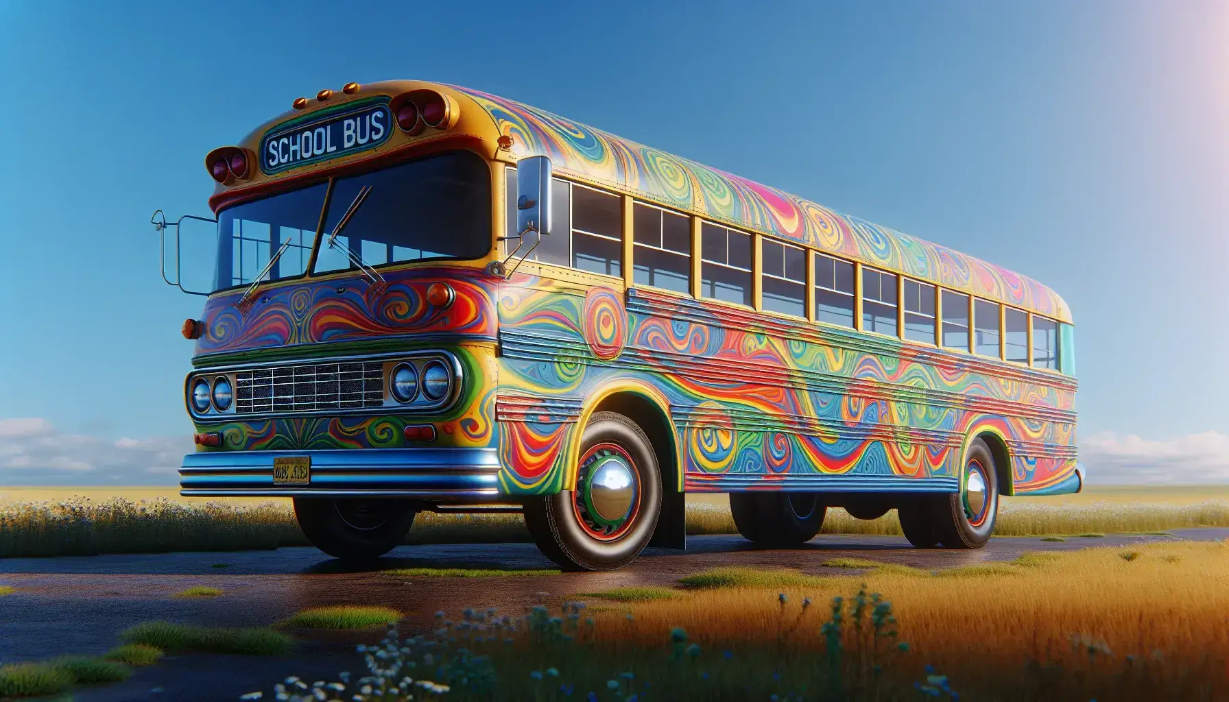 Vintage 1960s school bus with psychedelic paintwork parked in a sunny field, reflecting the clear blue sky on its windows, surrounded by wildflowers.