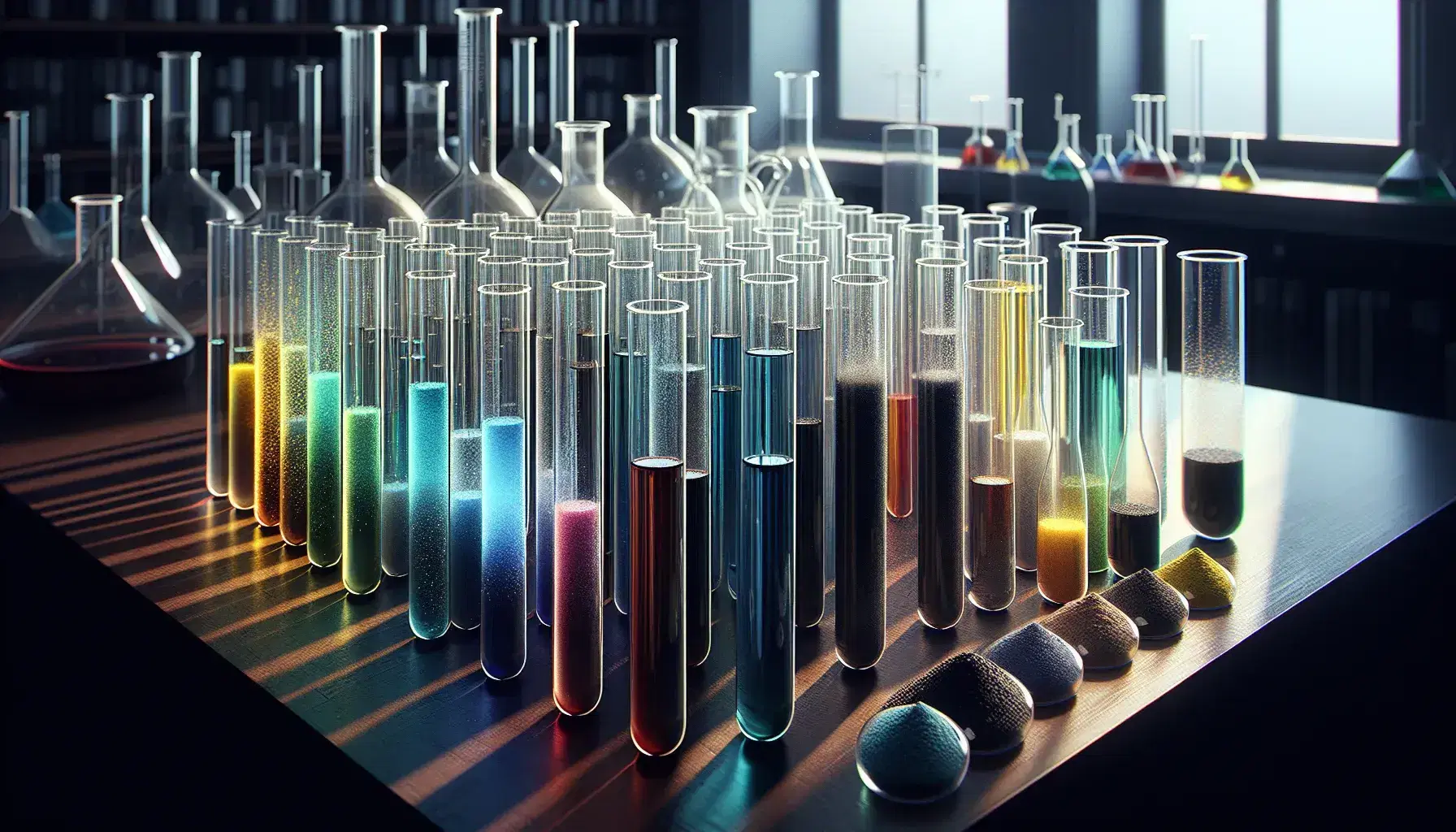 Serie di provette in vetro con sostanze colorate su scaffale in legno scuro in laboratorio illuminato, senza etichette visibili.