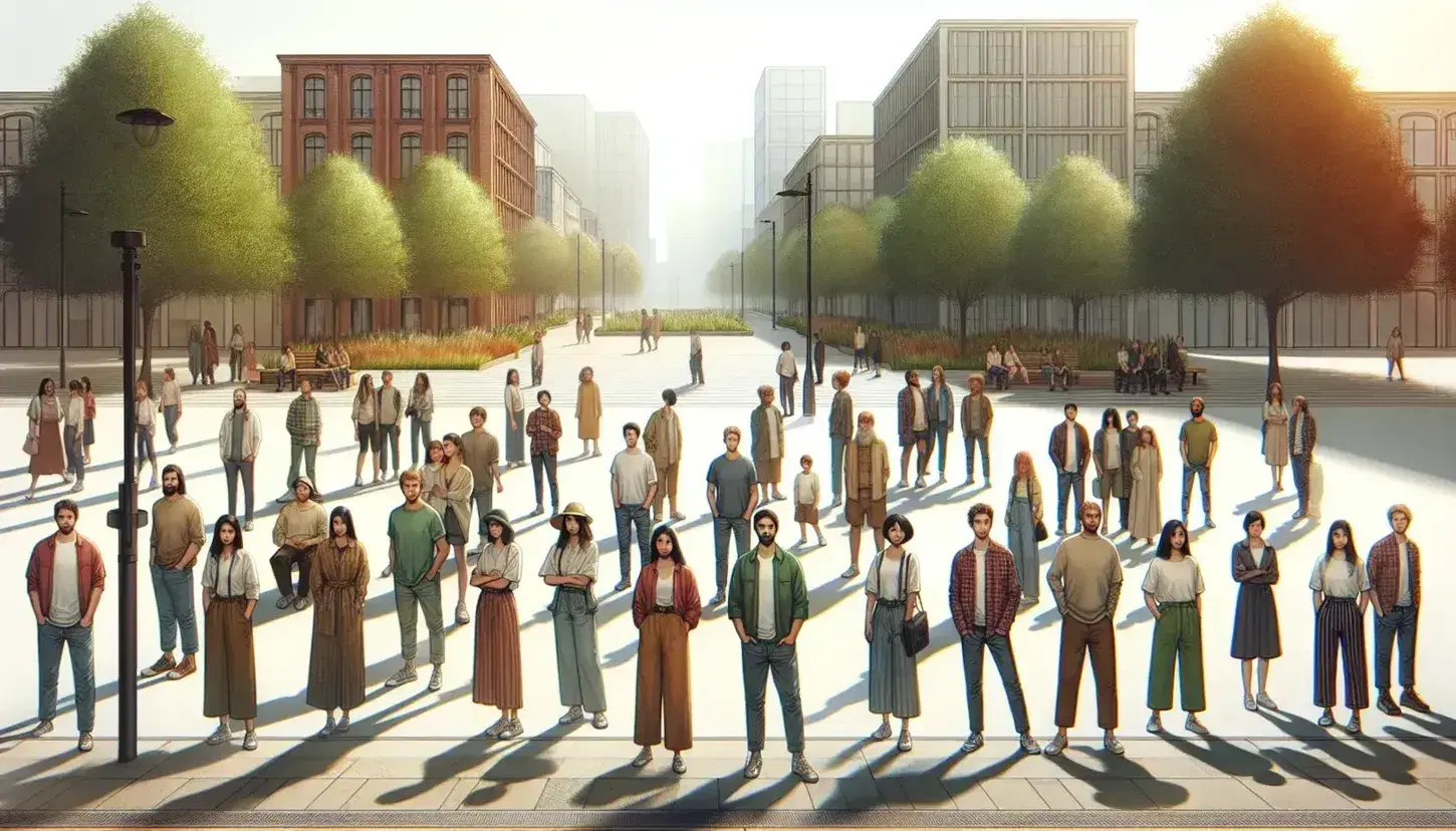 Grupo diverso de personas en un parque urbano con árboles y edificios al fondo, disfrutando de un día soleado sin nubes.