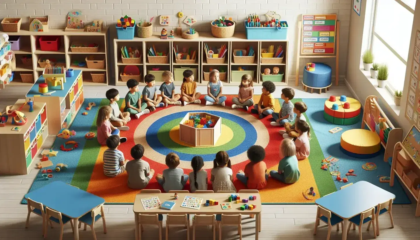 Niños preescolares sentados en alfombra colorida escuchando a un adulto, con juguetes educativos en el centro y esquinas de actividades en el fondo.