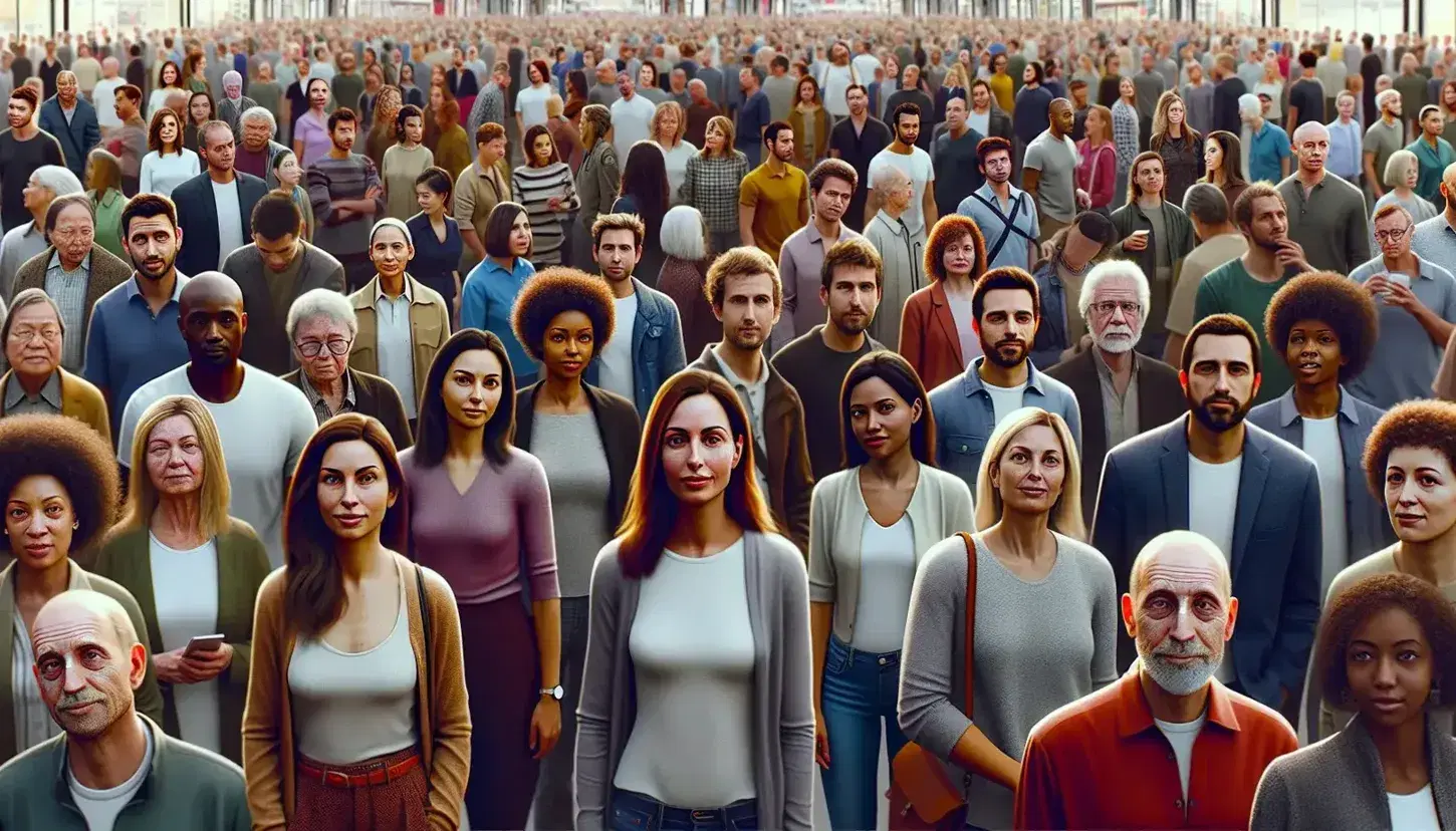 Grupo diverso de personas en espacio abierto con iluminación suave, mujer morena sonriente al frente y hombre caucásico conversando al lado.