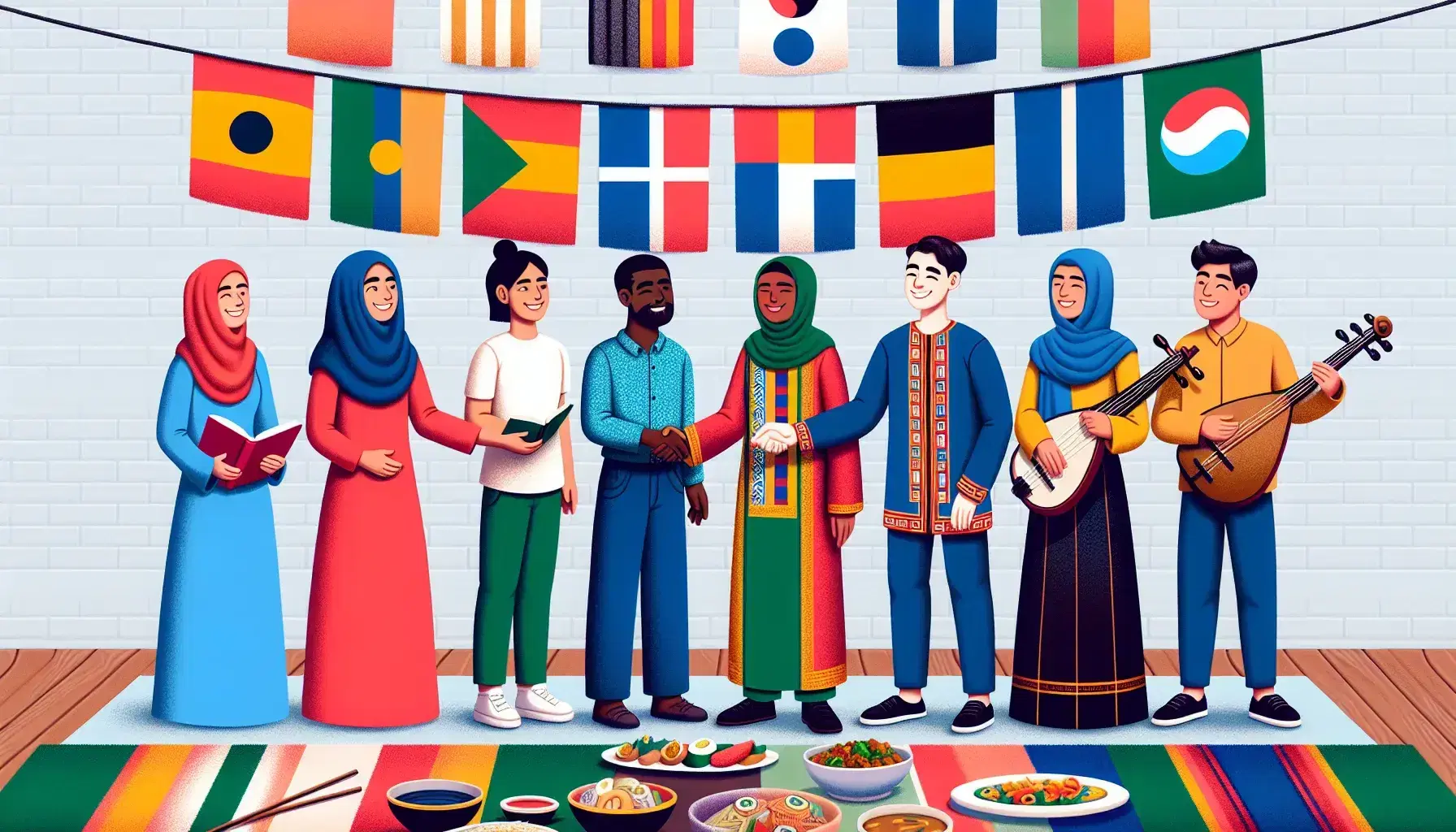 Grupo diverso de personas en semi-círculo con mujer en vestido rojo estrechando la mano a hombre con camisa colorida, mujer con hijab azul y libro, hombre asiático con instrumento de cuerda, platos de comida internacional y banderas de colores sin símbolos.
