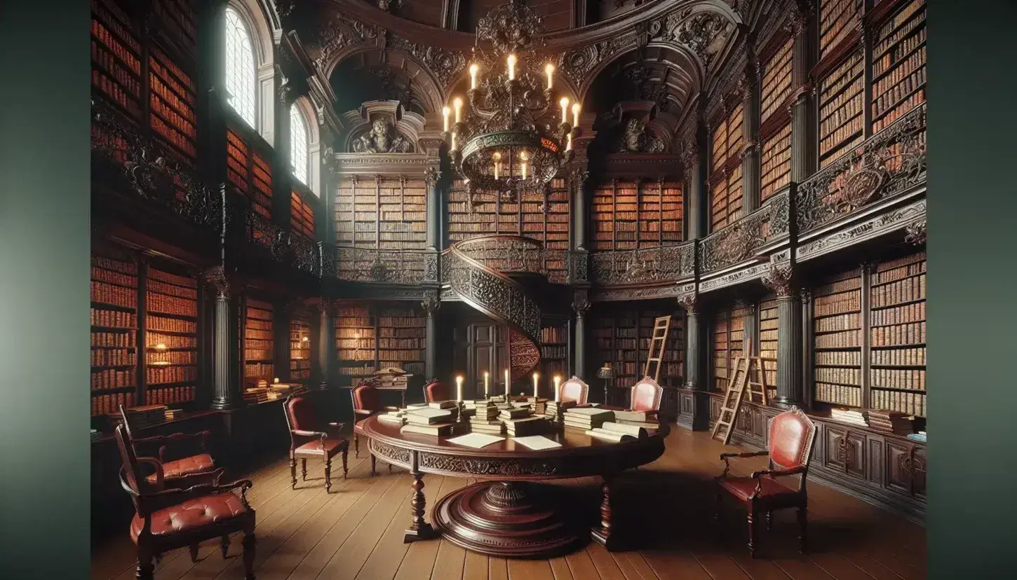Biblioteca d'epoca illuminista con scaffali in legno scuro pieni di libri rilegati, tavolo ovale centrale, candelabro e finestre ad arco.