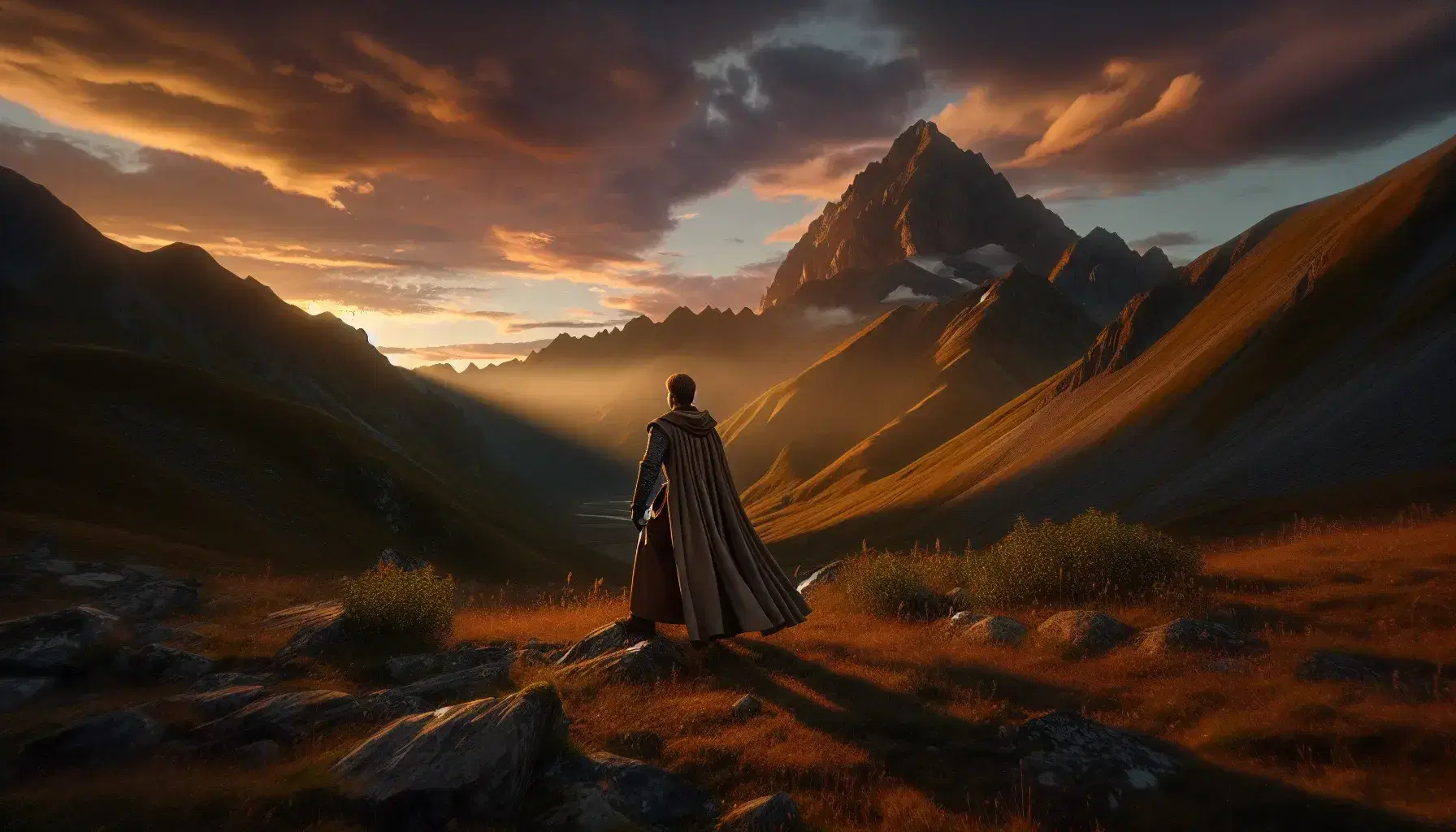 Uomo in abiti medievali contempla il tramonto dorato su montagne rocciose, con cielo variopinto e ombra lunga sul terreno.
