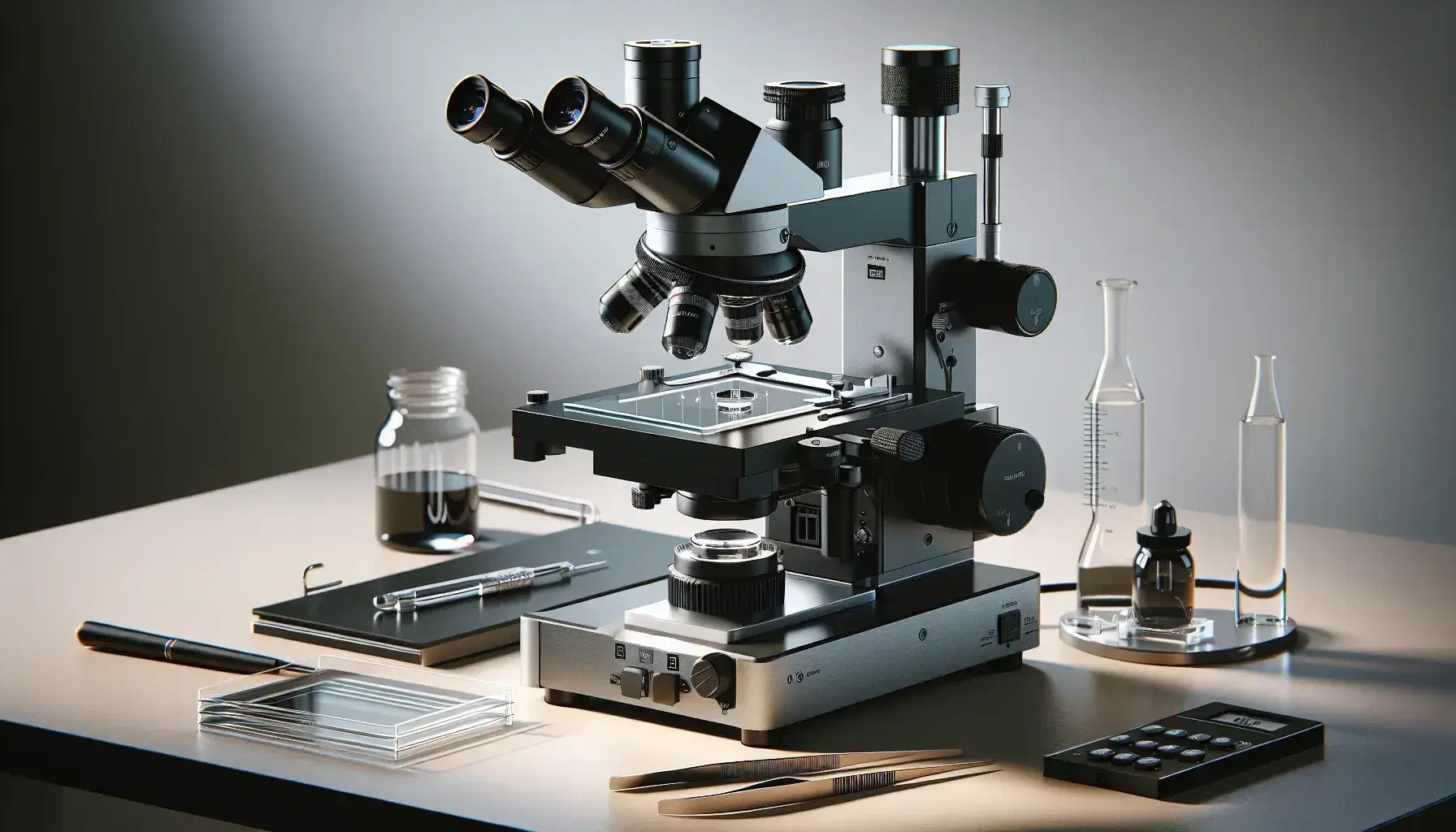 Microscopio óptico de laboratorio moderno sobre mesa de trabajo con portaobjetos de vidrio, pinzas metálicas y frasco con líquido, enfocado en la observación de bacterias.