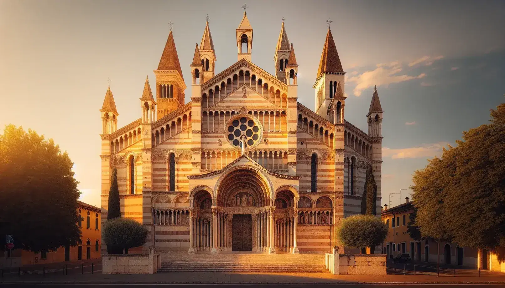 Vista frontale della Basilica di San Zeno a Verona illuminata dal sole al tramonto, con cielo azzurro e nuvole sparse, senza persone né veicoli.