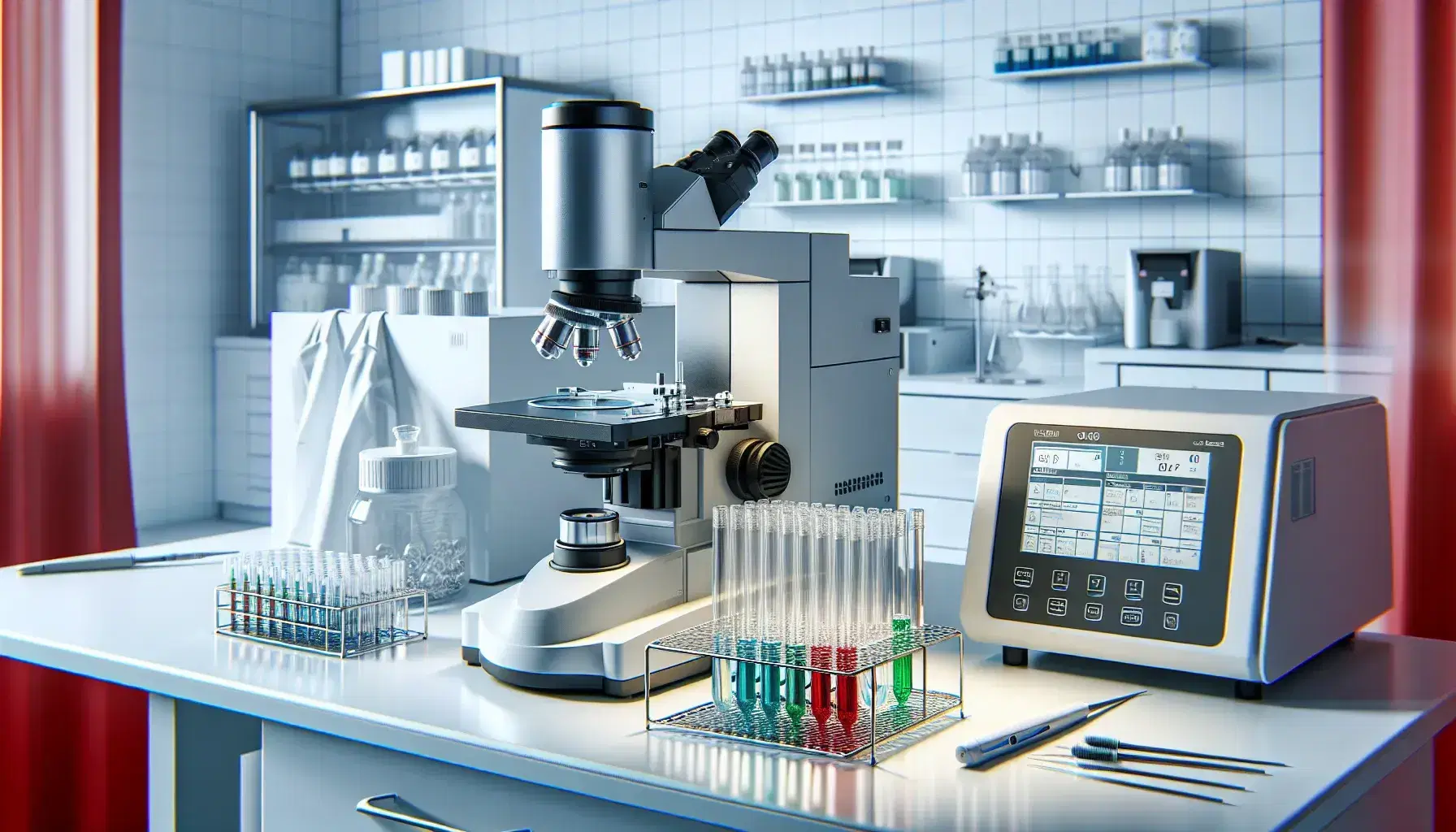 Laboratorio de biotecnología moderno con microscopio electrónico, tubos de ensayo con líquidos de colores, pipeta automática y centrífuga en segundo plano.
