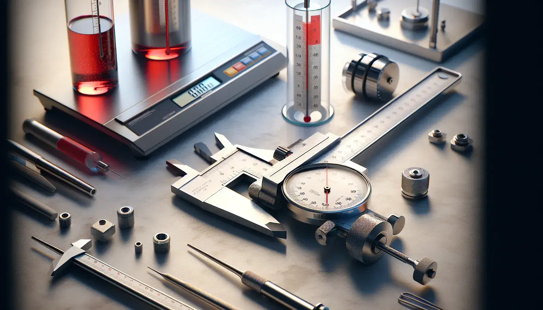 Herramientas de medición científica incluyendo un calibre vernier de acero, un micrómetro y un termómetro de vidrio con líquido rojo sobre superficie clara.