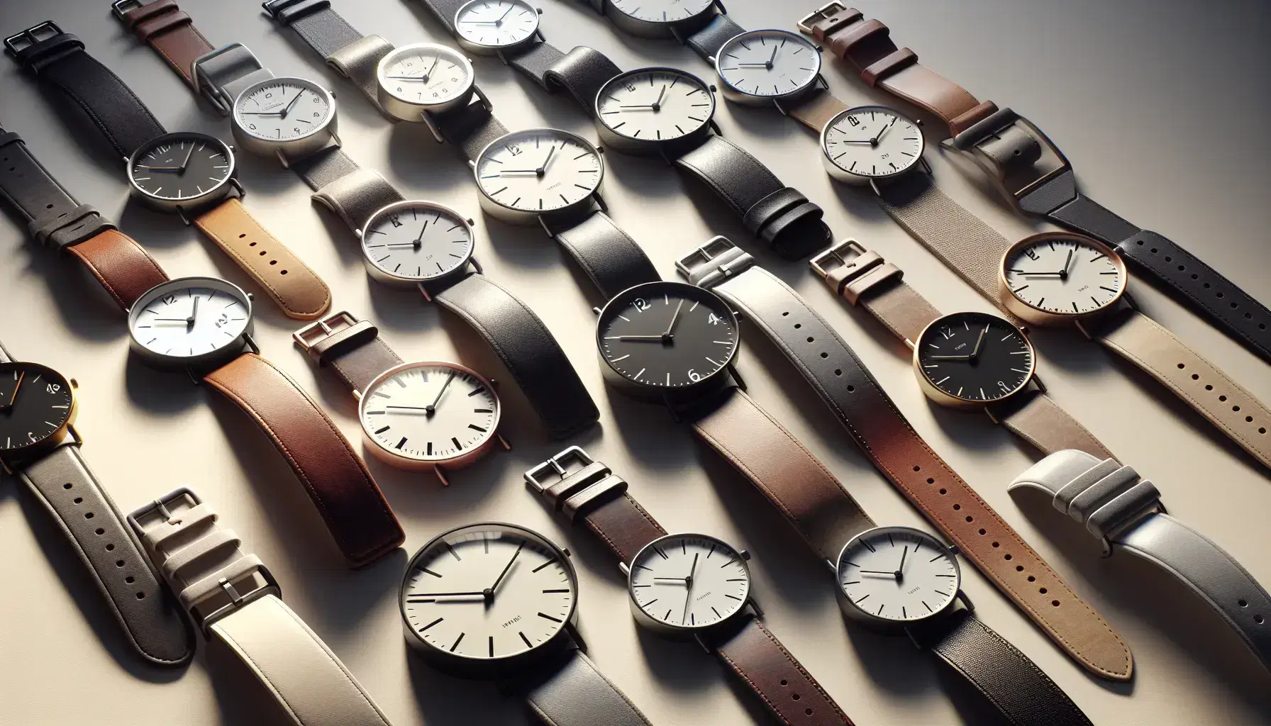 Orologi analogici assortiti con cinturini in pelle, metallo e tessuto su sfondo neutro, tutti segnano la stessa ora senza marche visibili.