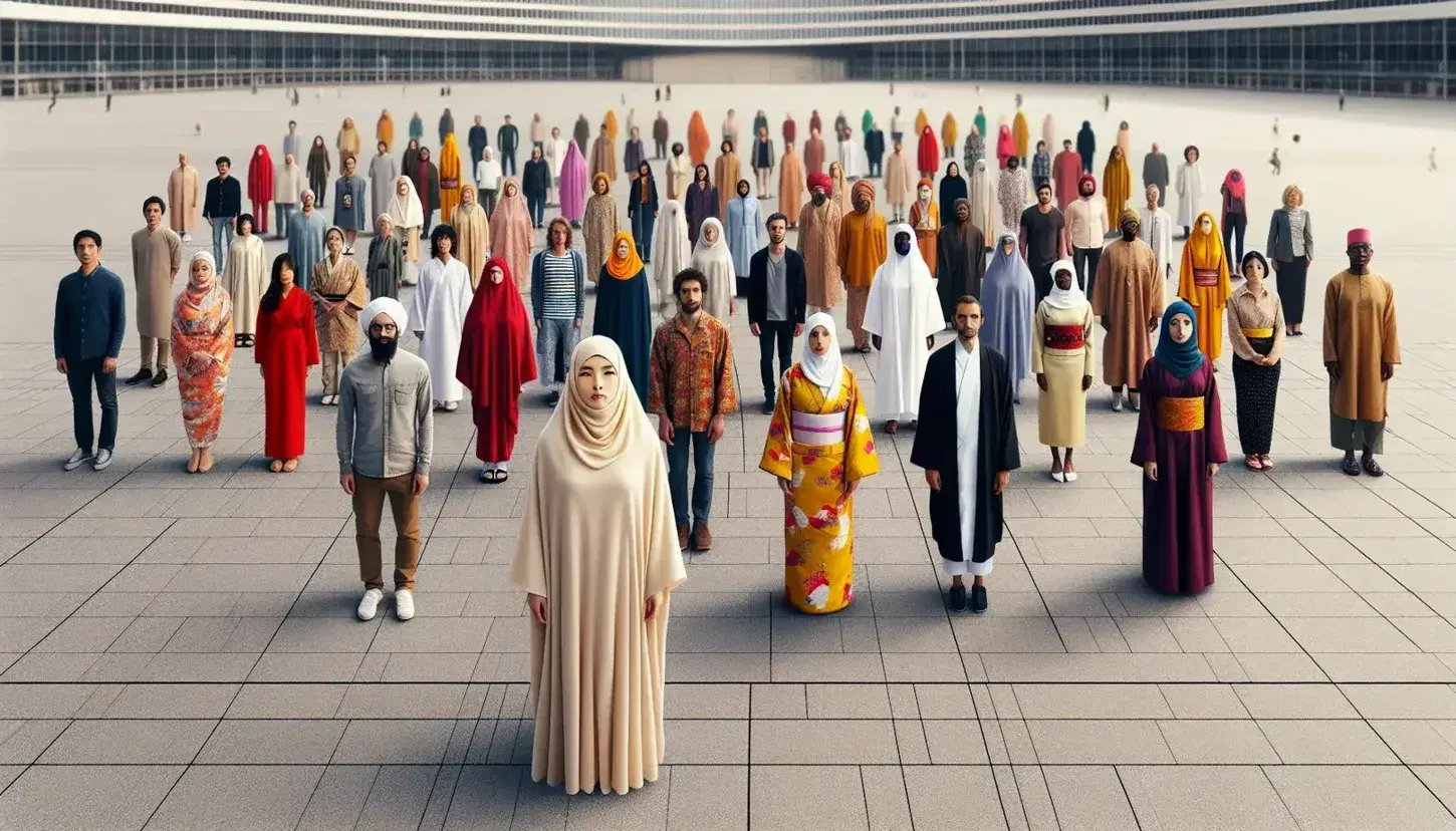 Gruppo multietnico in piazza con donna in hijab, uomo in turbante, kimono, dashiki, sotto edifici moderni e albero fiorito.