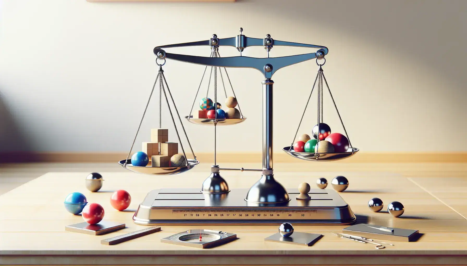 Bilance di precisione in equilibrio con oggetti colorati su tavolo in legno chiaro, strumenti di misura e sfondo sfocato da laboratorio.