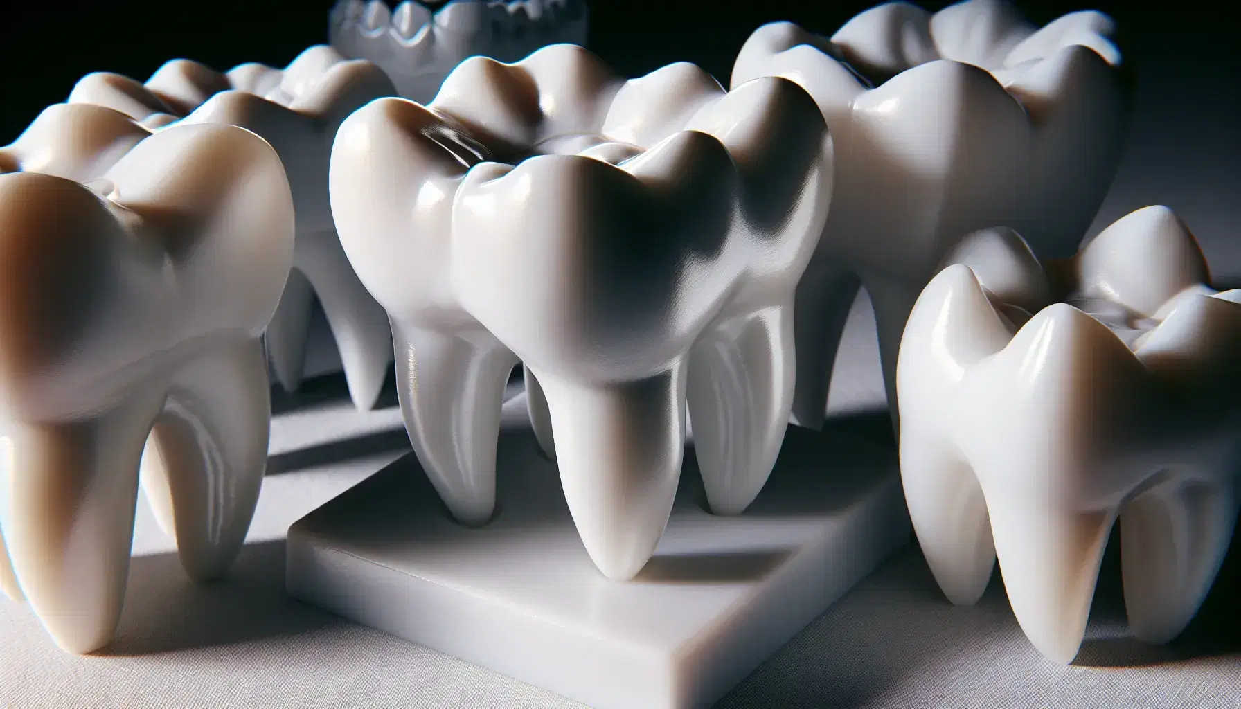 Modelos detallados de dientes humanos superiores, incluyendo un molar con surcos y cúspides visibles, sobre fondo neutro gris.