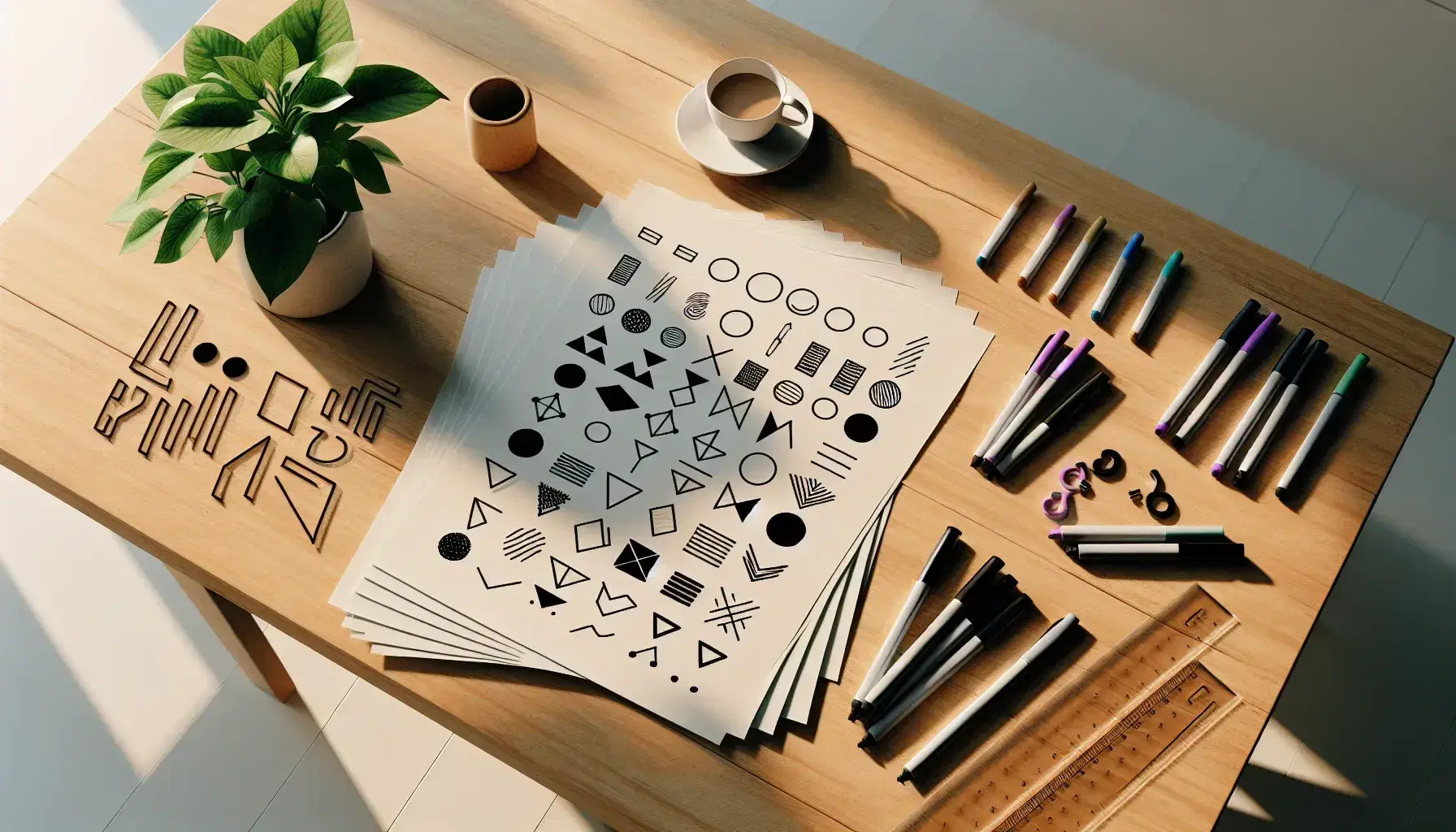 Escritorio de madera claro con papeles y formas geométricas dibujadas, marcadores de colores, reglas transparentes, planta verde y taza de café.