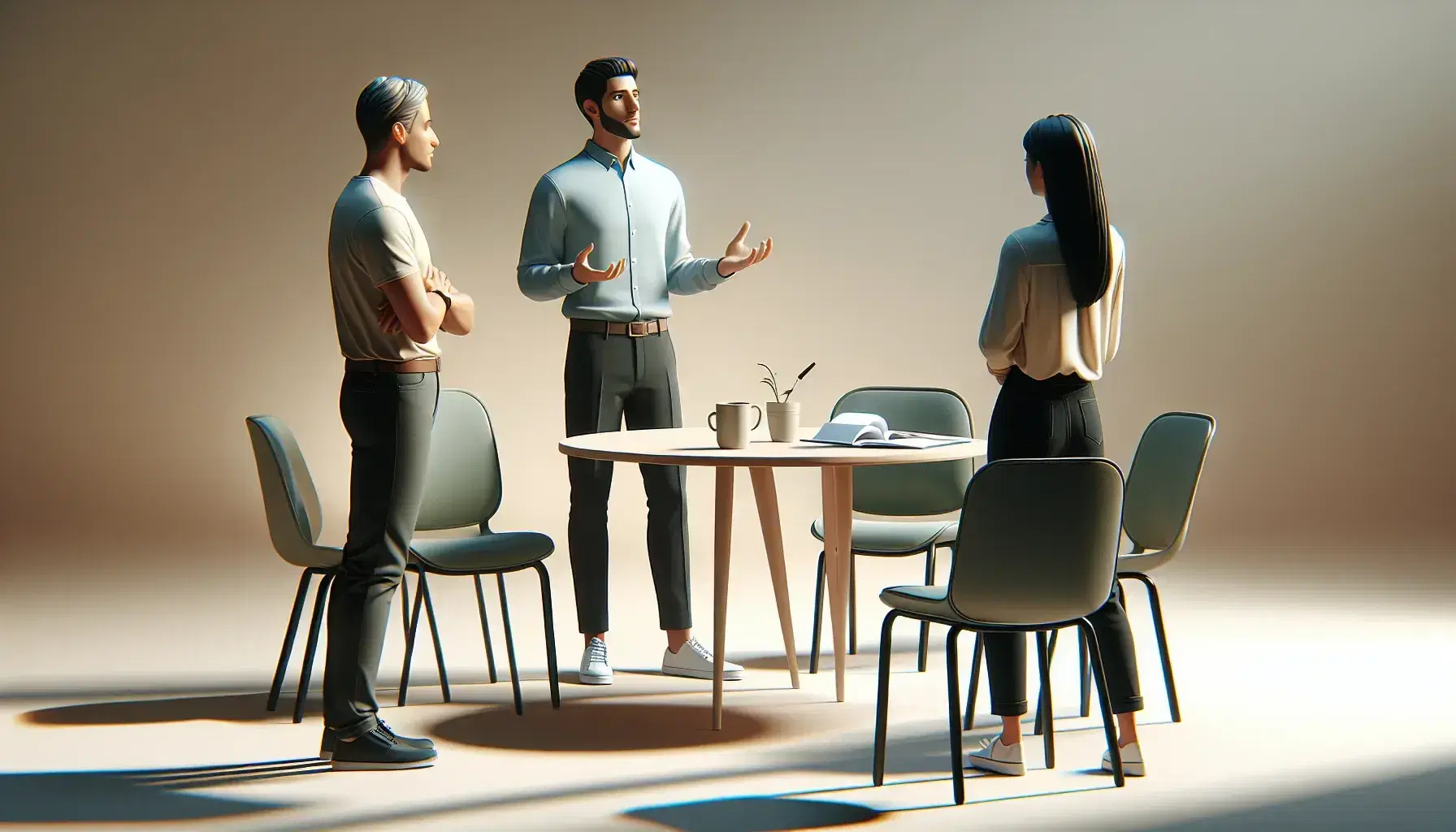 Tres profesionales en una oficina, uno explicando con gestos mientras los otros dos escuchan atentamente alrededor de una mesa con objetos de trabajo.