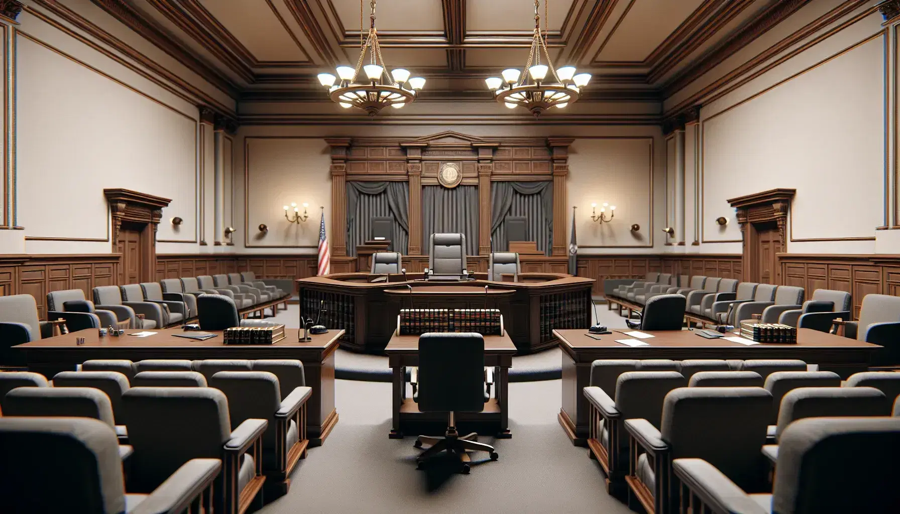 Sala de tribunal vacía con mesa central para abogados, estrado del juez con banderas, área de testigos y bancos para público.