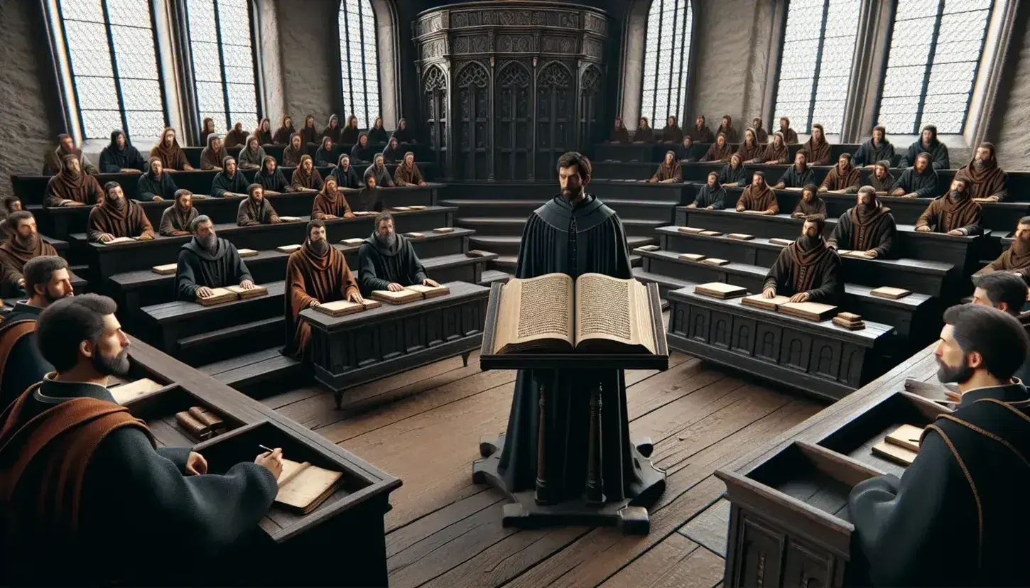 Aula universitaria medievale con professore in toga davanti a leggio e studenti assorti su banchi a gradoni, illuminata da finestre ad arco.