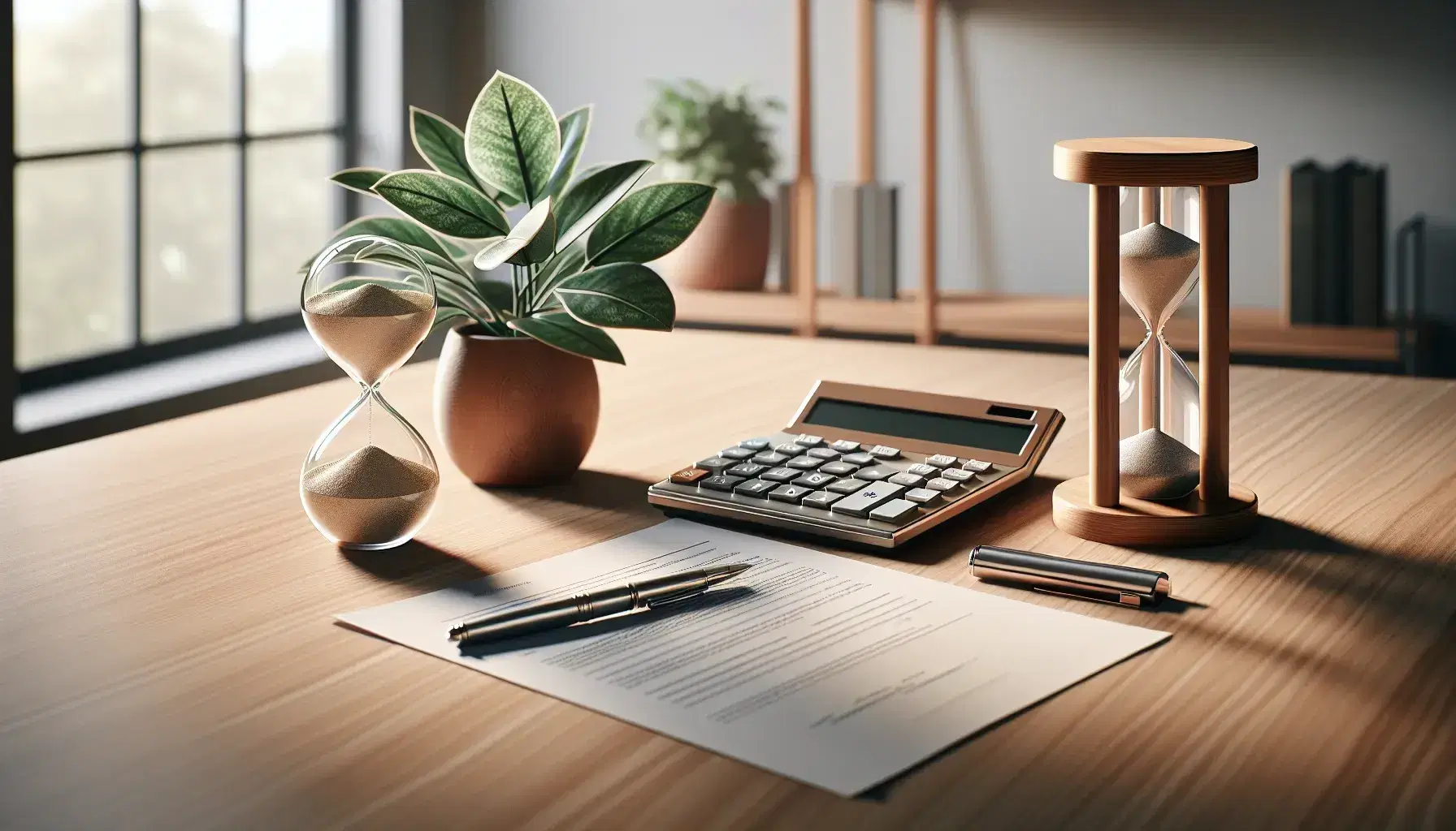 Escritorio de madera clara con calculadora, reloj de arena, bolígrafo metálico y papel en blanco, junto a planta interior y luz natural.