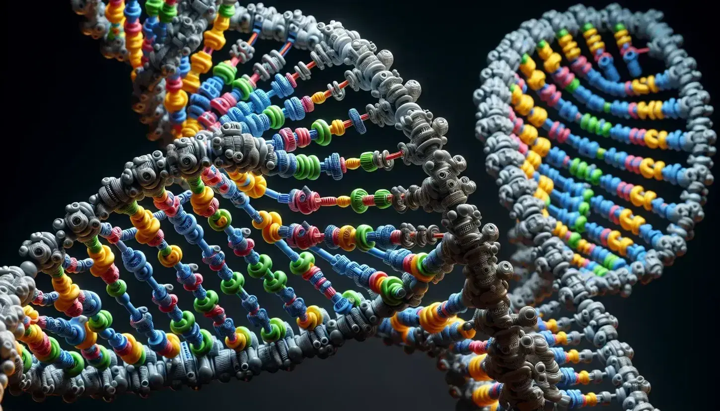 Three-dimensional double helix model of DNA with colored components representing nitrogenous bases, sugars and phosphate groups on a neutral background.