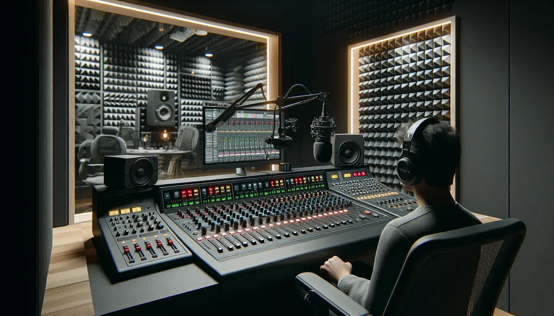 Estudio de radio con mesa de mezclas, micrófono con filtro antipop y pared aislada con espuma acústica, persona con auriculares moderando.