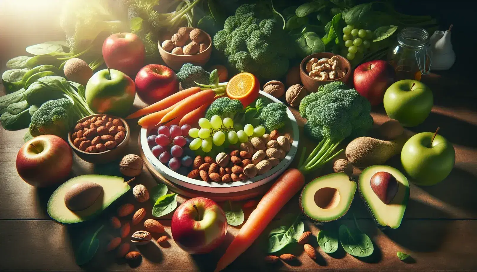 Variedad de frutas y verduras frescas en mesa de madera, con plato de alimentos cortados, manzana roja, uvas verdes, zanahoria, brócoli, nueces y aguacate partido.