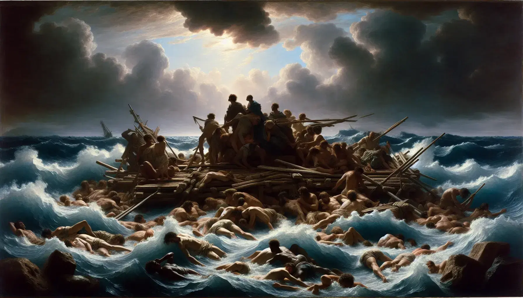 Rappresentazione drammatica su zattera in mare agitato con sopravvissuti in lotta per la vita, dipinto 'La zattera della Medusa' di Géricault.