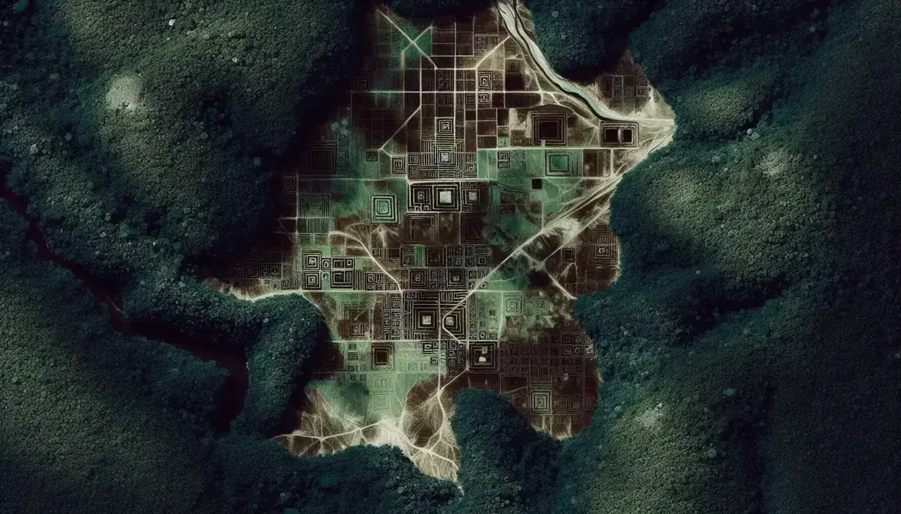 Vista aérea de la selva amazónica revelando asentamientos prehispánicos con estructuras geométricas y caminos antiguos mediante tecnología Lidar.