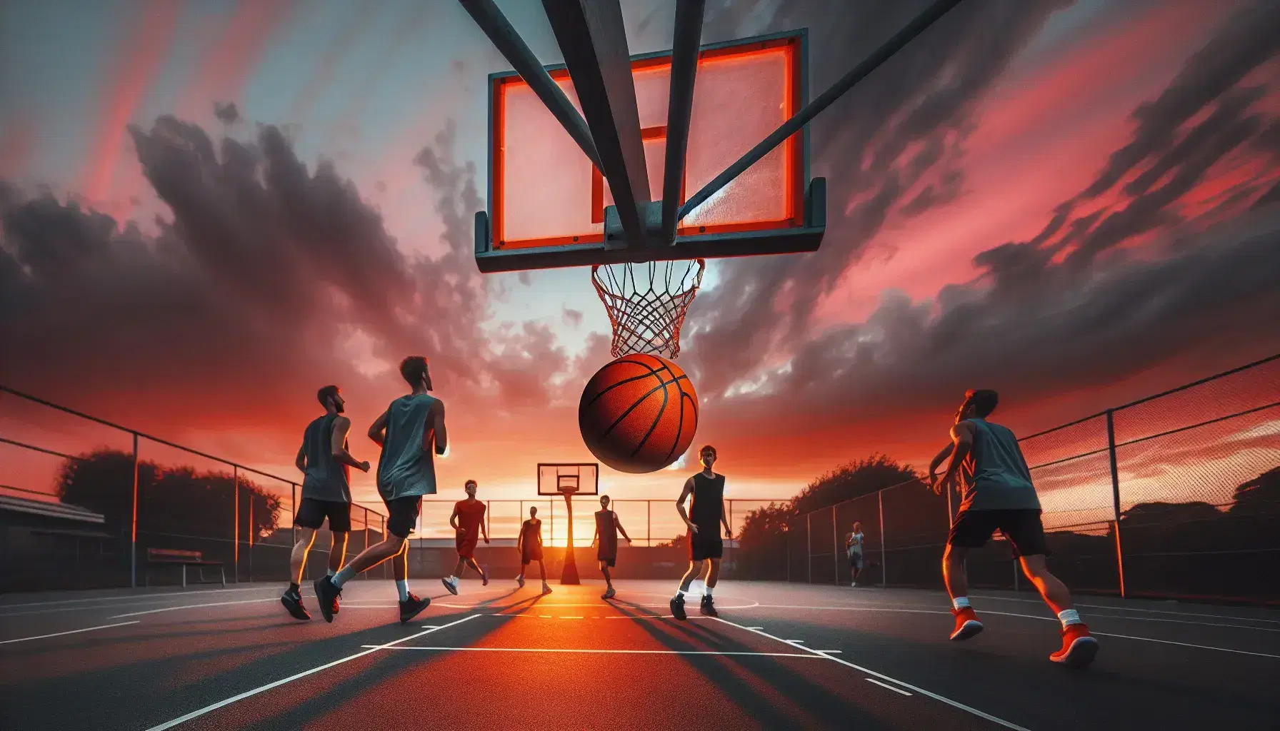 Partita di basket all'aperto al tramonto con cielo arancione e rosso, pallone in aria e giocatori in azione sul campo asfaltato.