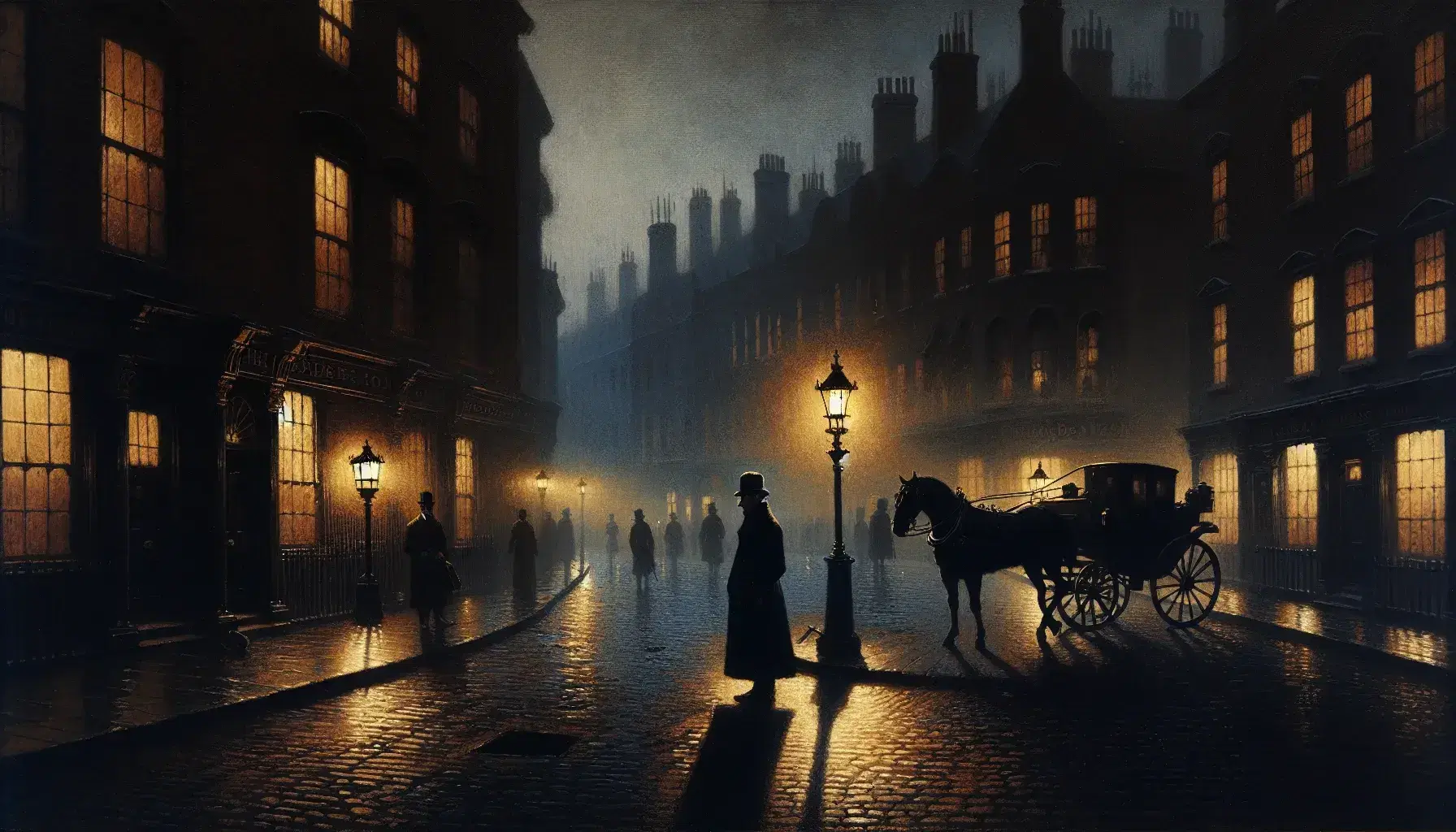 Victorian London street at dusk with a gas lamp glowing, a man in a bowler hat walking away, and a stationary horse-drawn carriage.