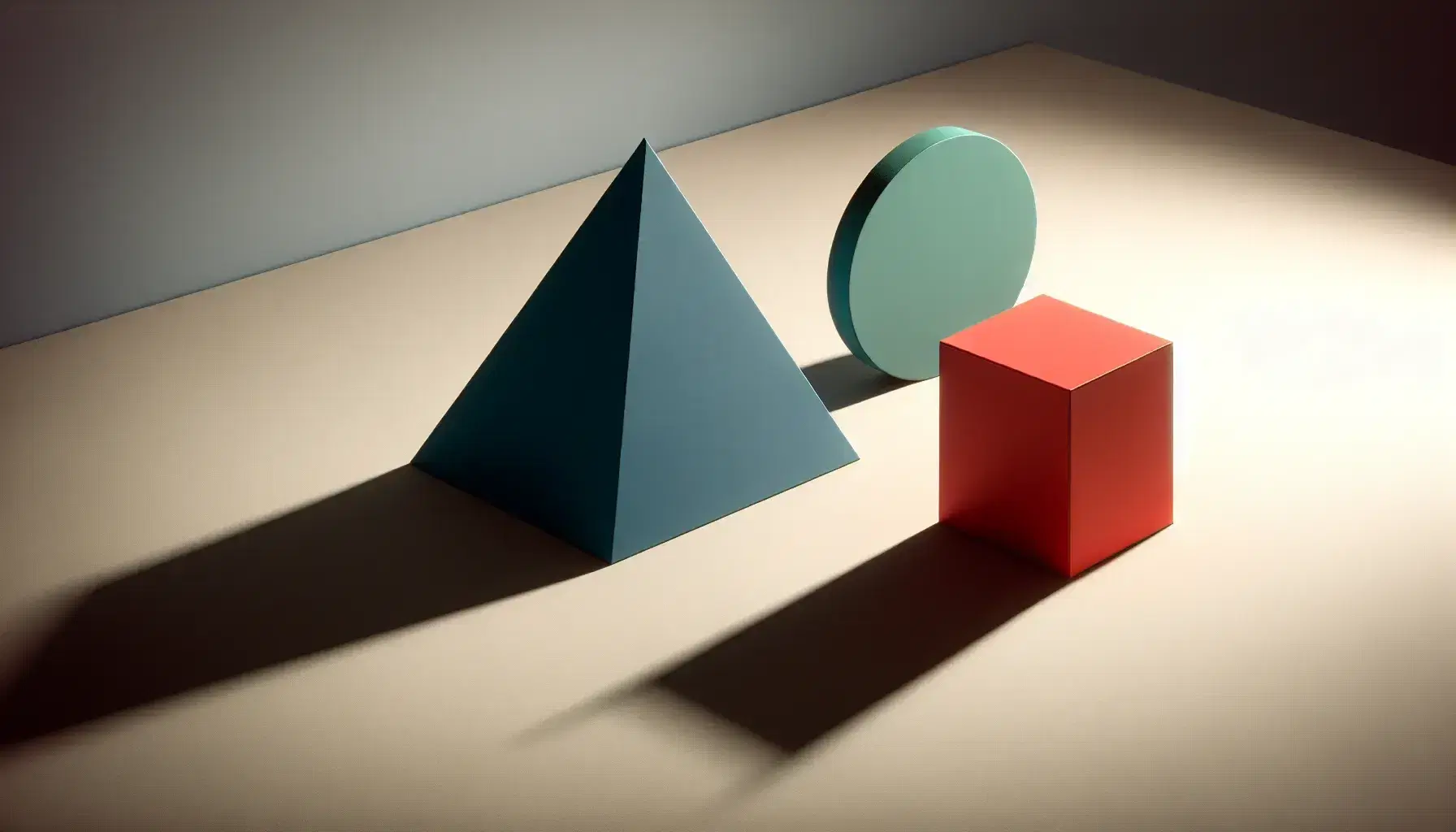 Equilateral blue triangle, red square, and green circle on neutral surface with enlarged, rotated, and elongated shadows respectively.