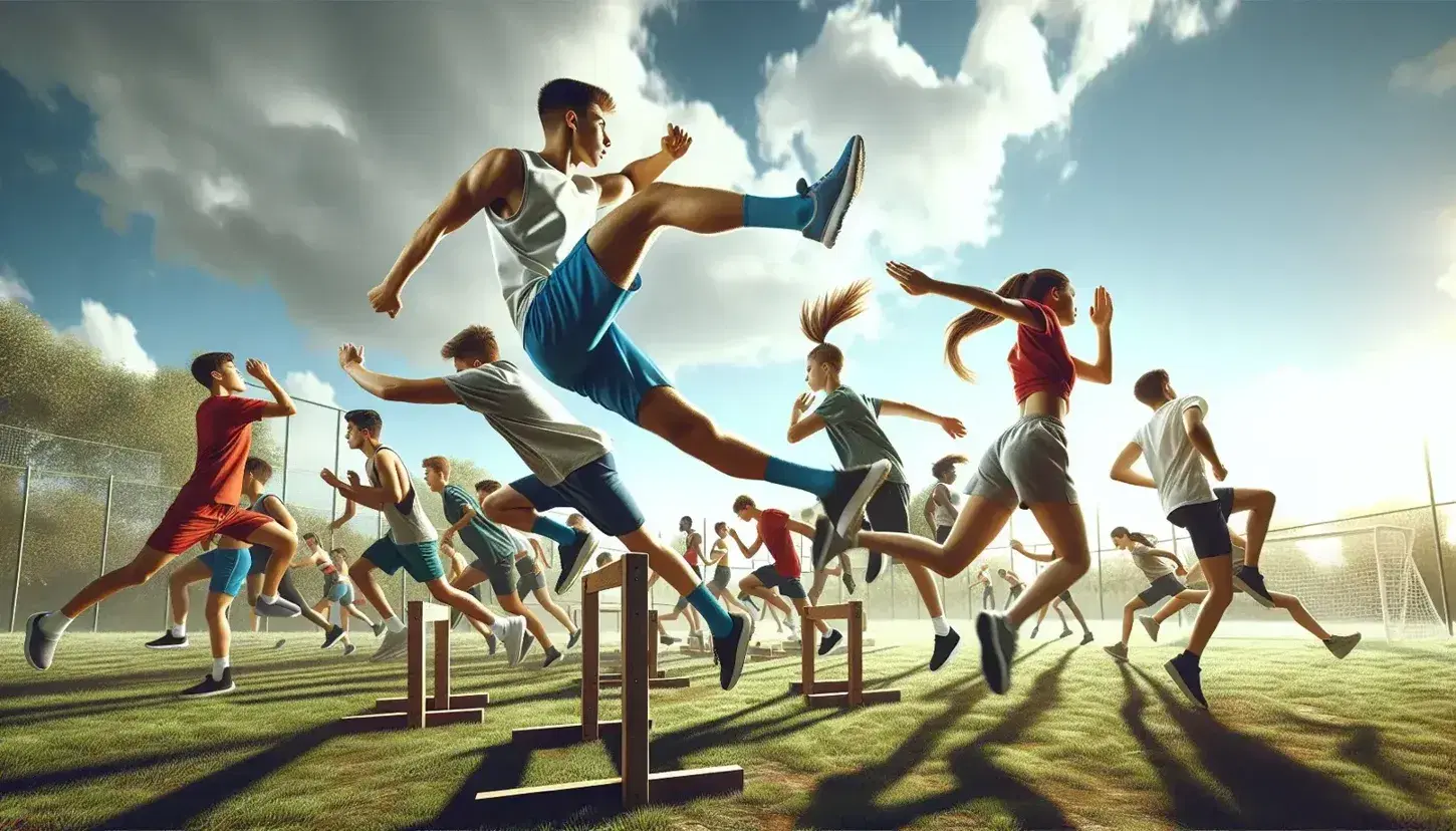Estudiantes diversos en ropa deportiva realizando ejercicios físicos al aire libre, saltando obstáculos y estirando en un campo verde bajo un cielo azul.