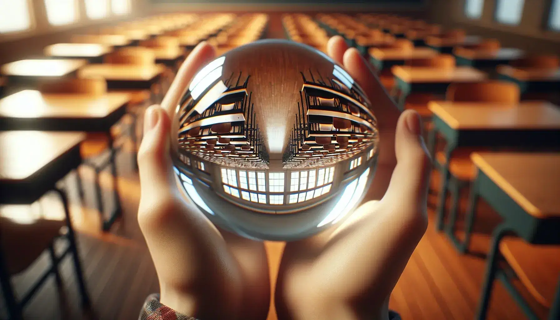 Hands cradling a glass sphere that inverts the view of an empty, sunlit classroom with wooden desks, highlighting the sphere's reflective surface.