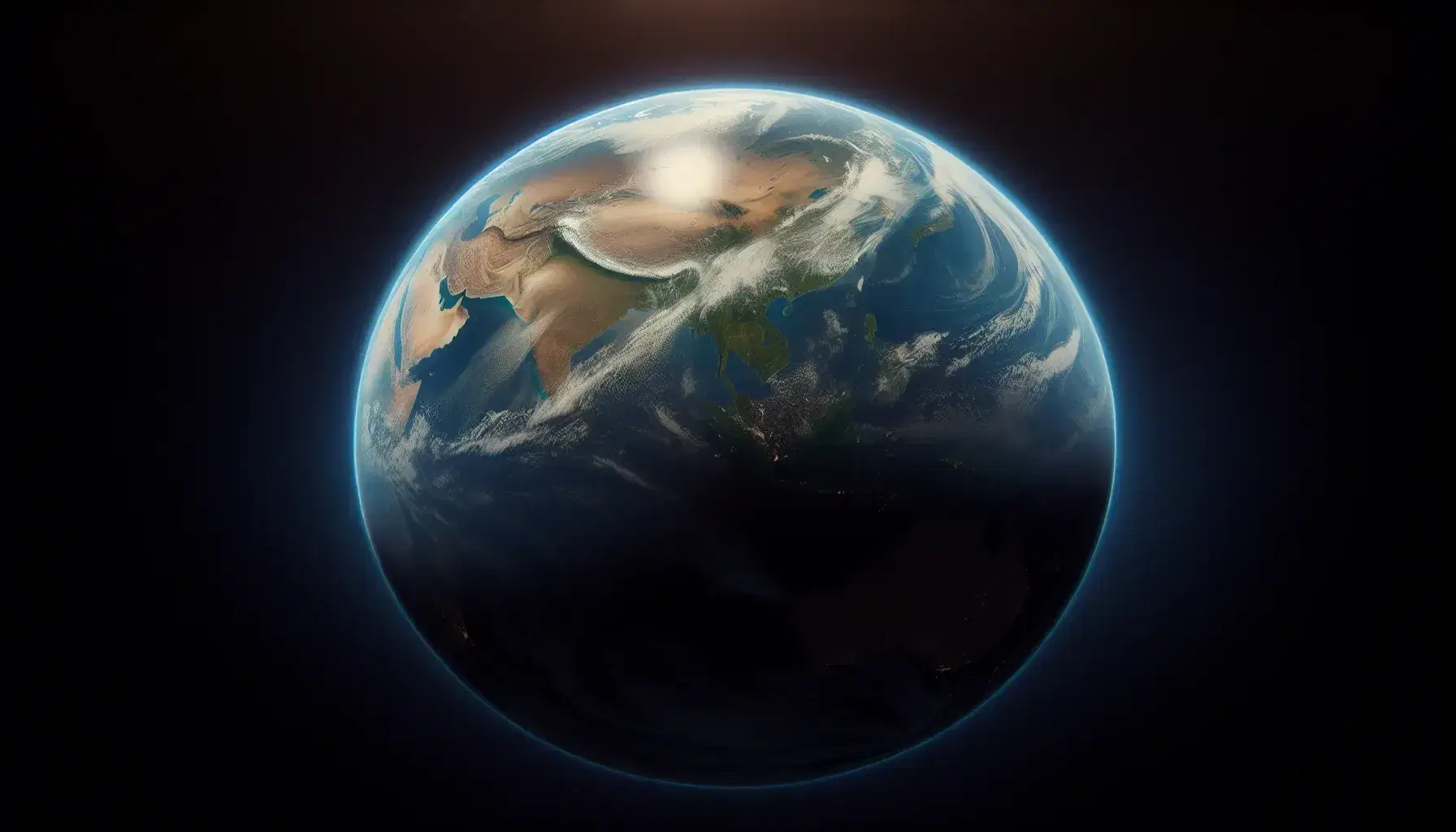 Vista panorámica de la Tierra desde el espacio con su atmósfera azulada, masas terrestres y océanos bajo un cielo que oscurece hacia el espacio exterior.
