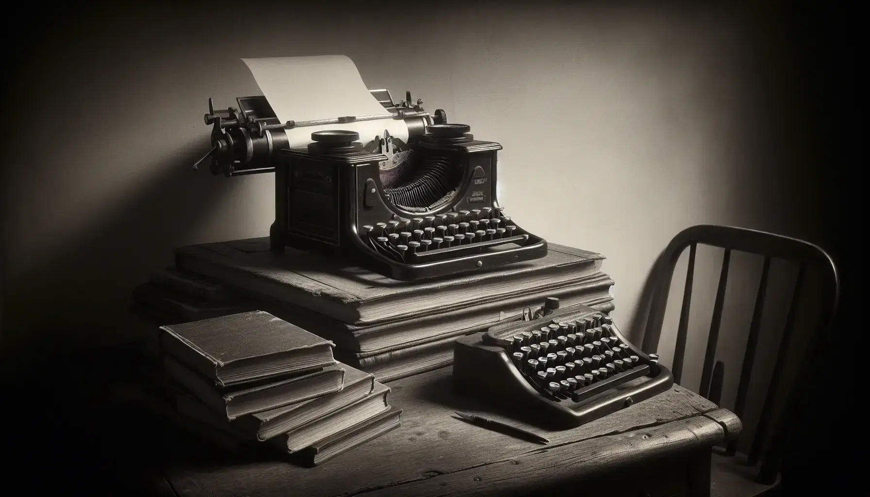 Vintage mid-20th-century typewriter with round keys on a wooden desk beside a stack of well-worn books, blank paper inserted, in a serene setting.