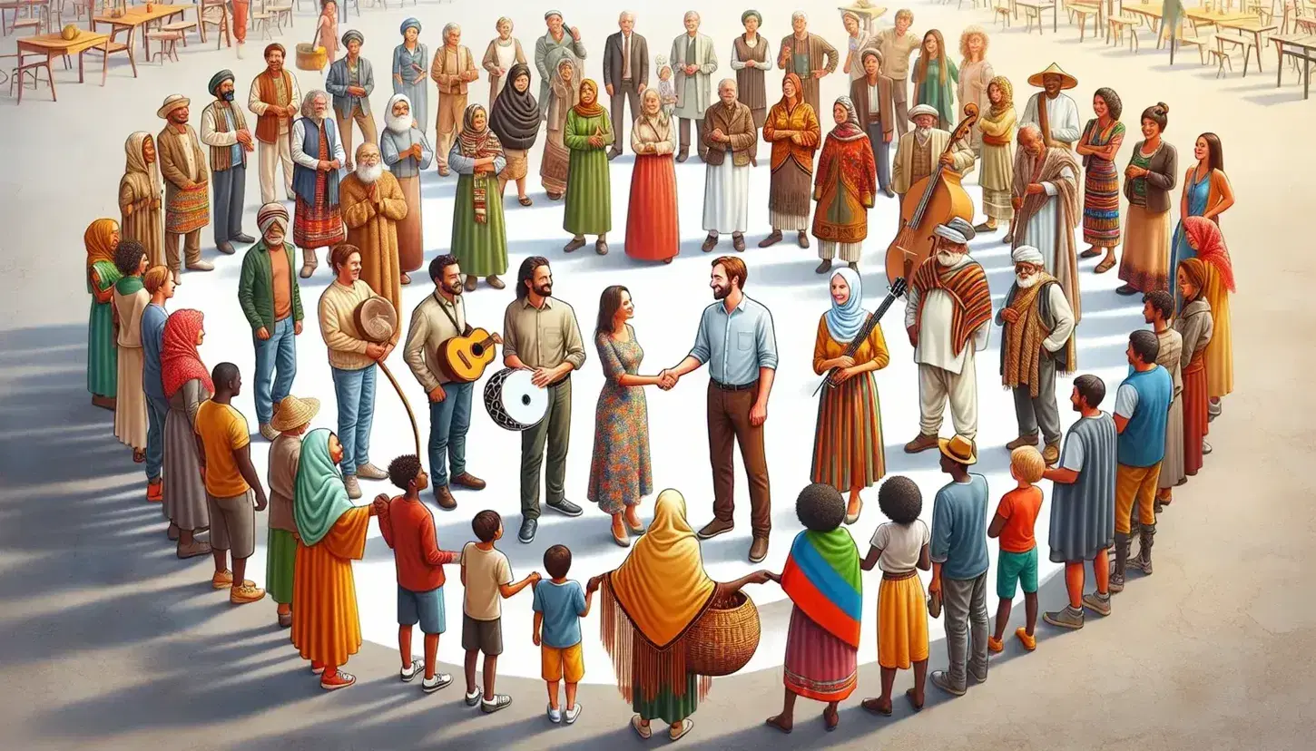 Grupo diverso de personas en semi-círculo con un hombre y una mujer dándose la mano, rodeados de individuos con trajes tradicionales y un paisaje urbano difuminado.
