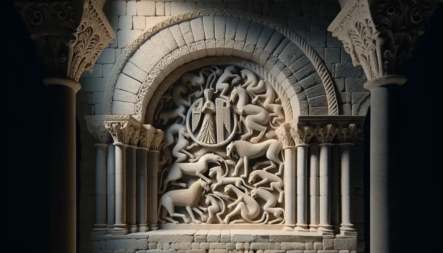 Dettaglio del portale romanico di una chiesa italiana con bassorilievo in pietra calcarea, figure umane stilizzate e animali intrecciati, archi a spina di pesce e capitelli decorati.