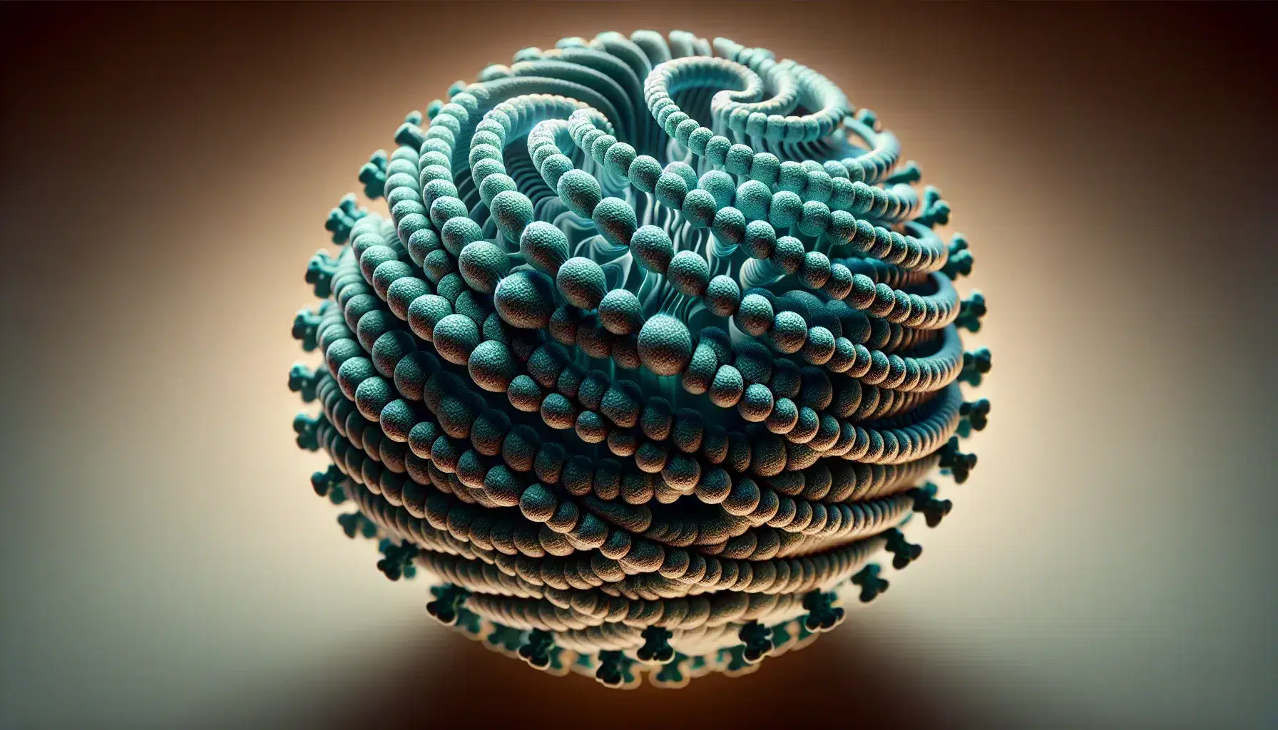 3D-rendered helical virus particle with blue-green metallic capsid, tightly coiled structure, and bead-like surface textures against a soft brown backdrop.