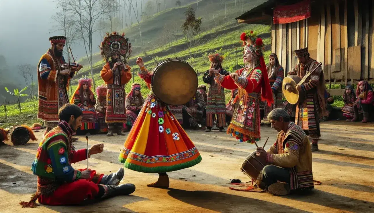 Mujer en traje tradicional bailando al ritmo de tambores en un entorno natural con personas danzando y observando bajo cielo despejado.