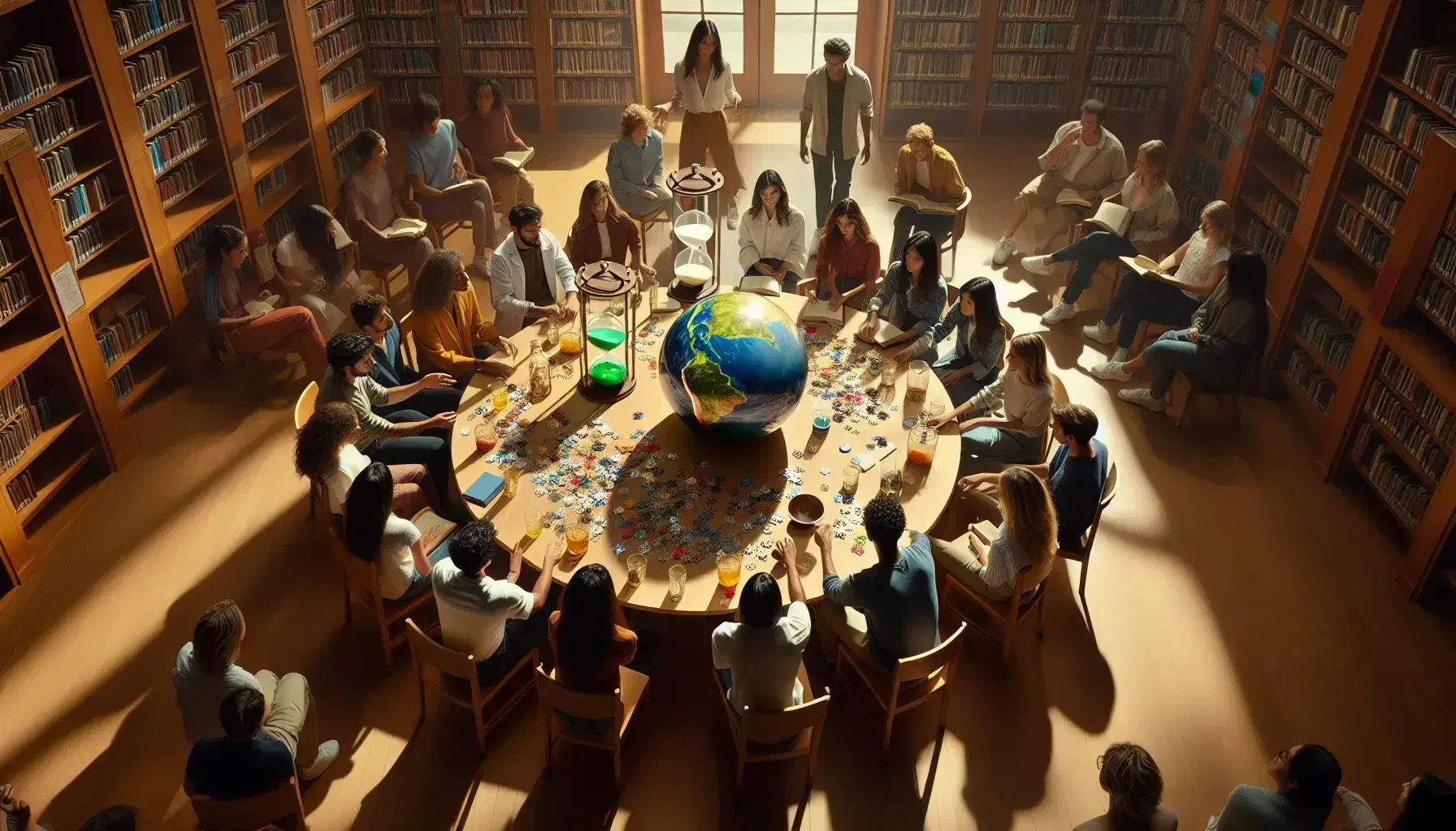 Grupo de estudiantes diversos colaborando en un rompecabezas sobre una mesa redonda en una biblioteca, con una esfera transparente y un reloj de arena, en un ambiente iluminado naturalmente.
