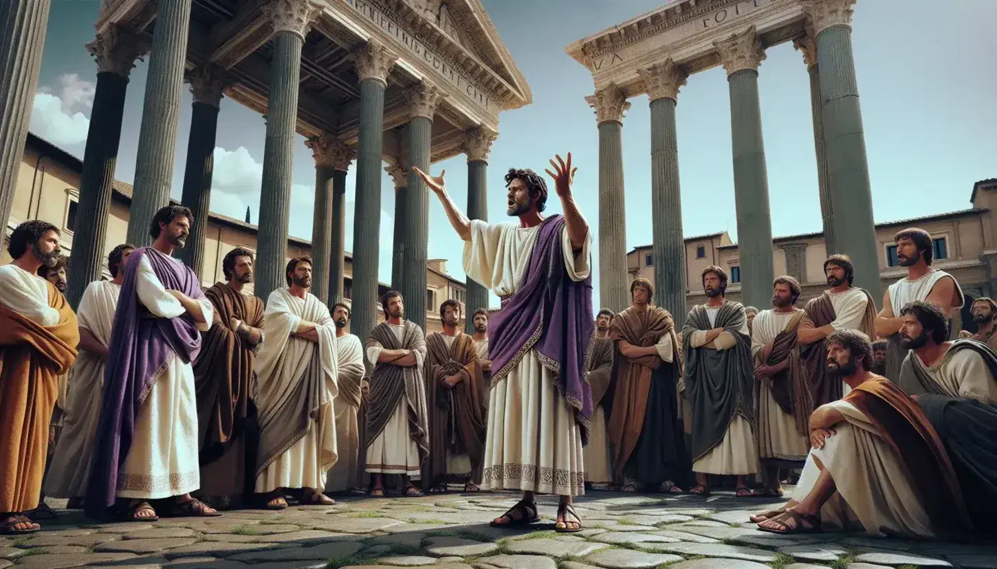 Three actors in Roman togas perform in the Forum, with marble columns and an attentive audience in ancient Rome under a clear blue sky.