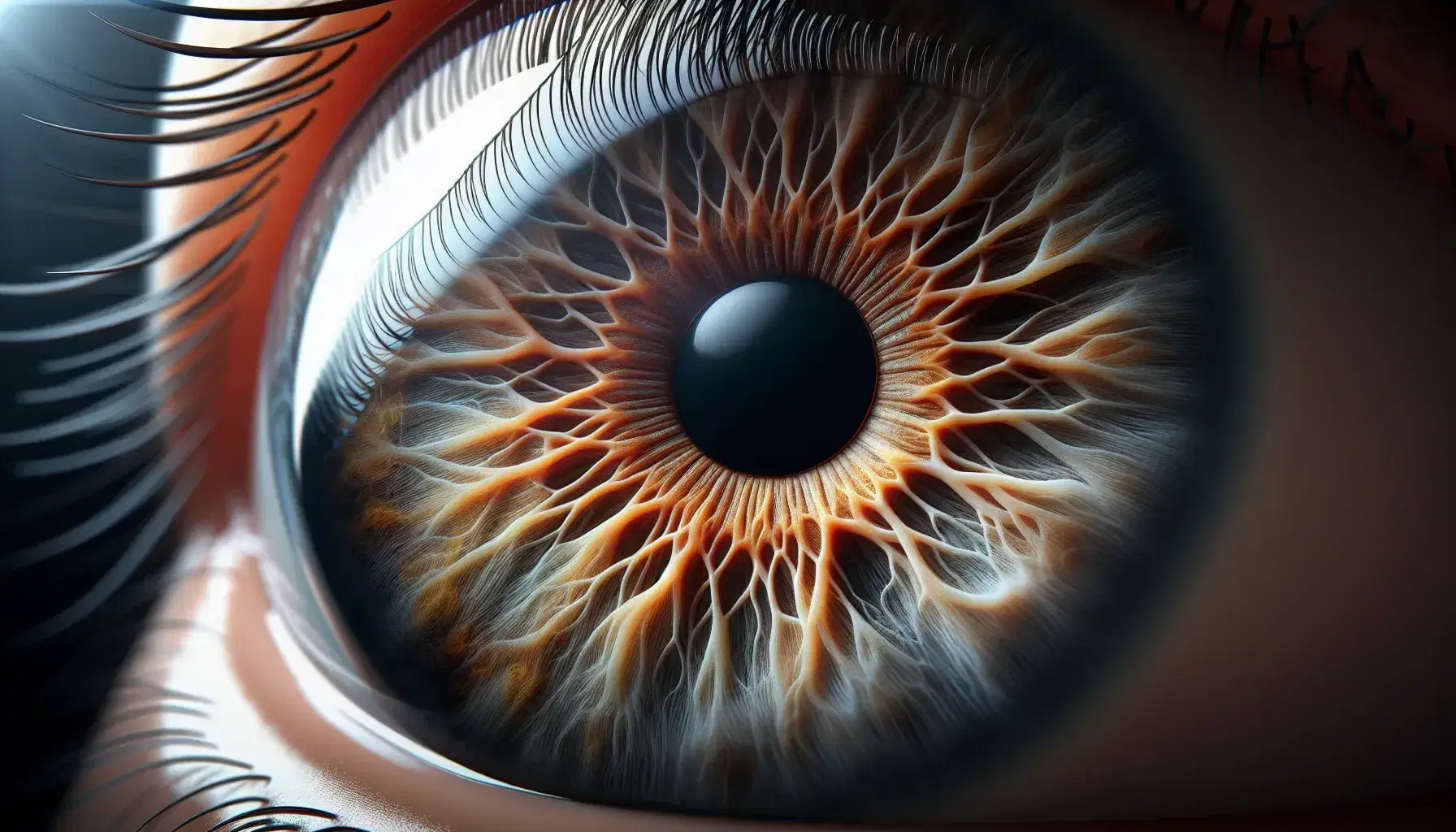 Primer plano de un ojo humano con iris de tonos marrones y pupila negra, reflejo de luz en la córnea y vasos sanguíneos en la esclerótica.