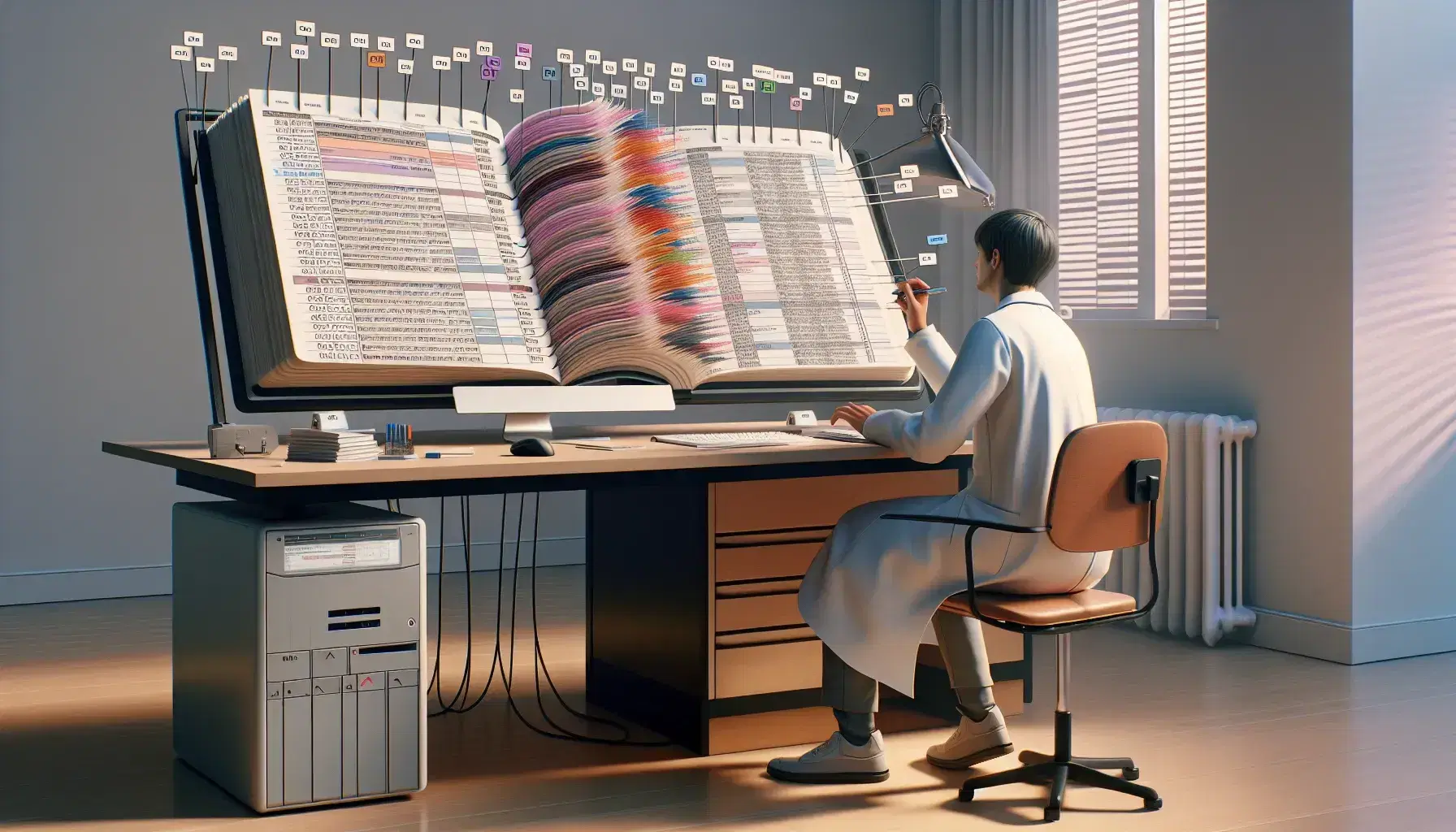Researcher in a lab coat coding data in a modern psychology lab, with a notebook, blank computer screen, voice recorder, and headphones on the desk.