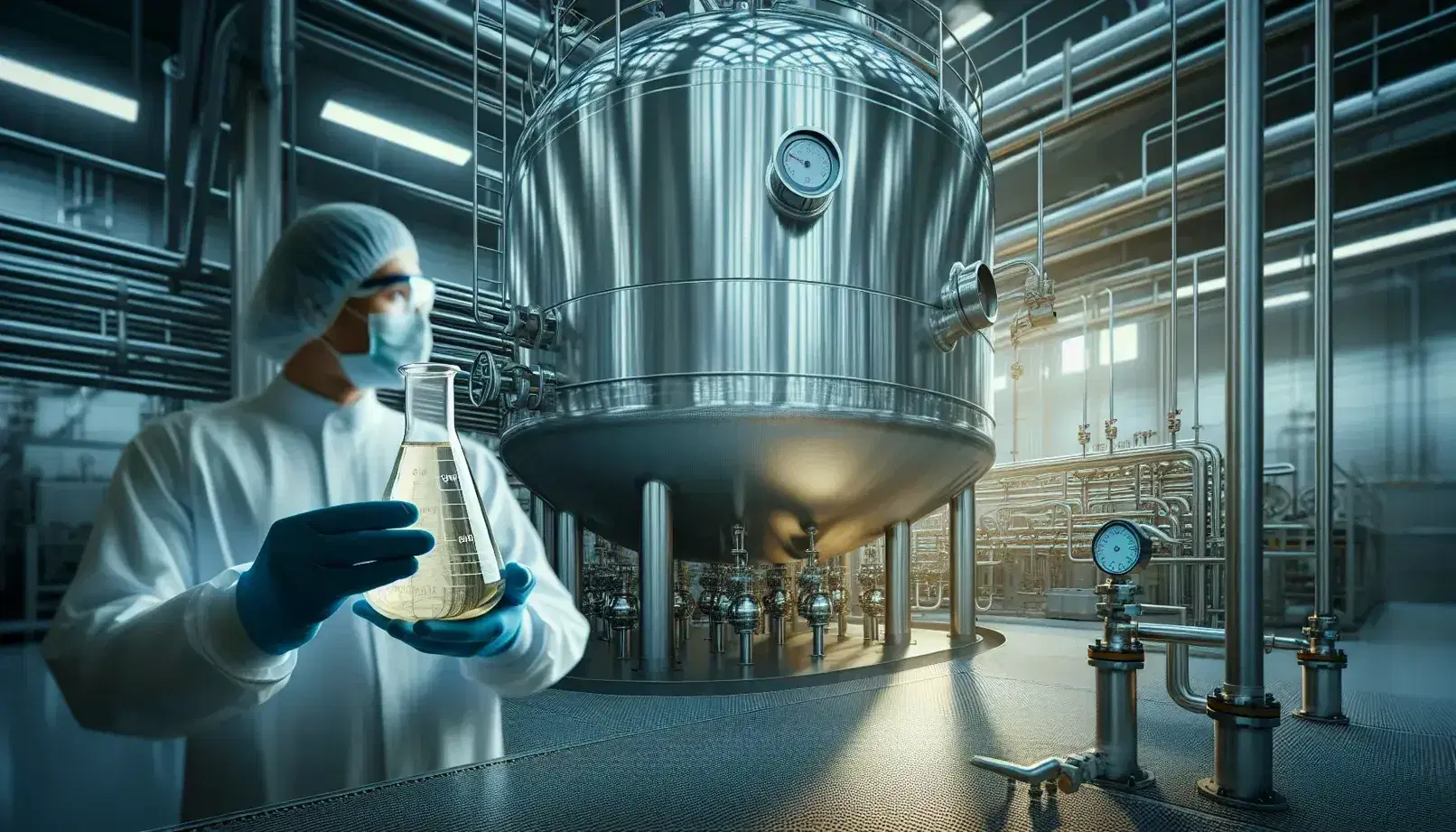 Stainless steel fermentation tank in a food processing plant with a technician examining a beaker of pale yellow liquid, adhering to safety protocols.