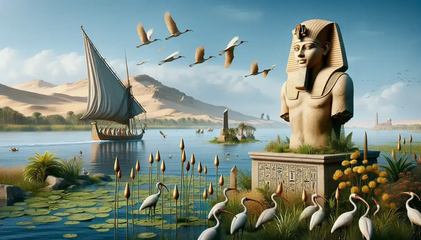 Statua di faraone egizio sul Nilo con papiro e ibis, barca a vela, palme e piramide in lontananza sotto cielo azzurro.