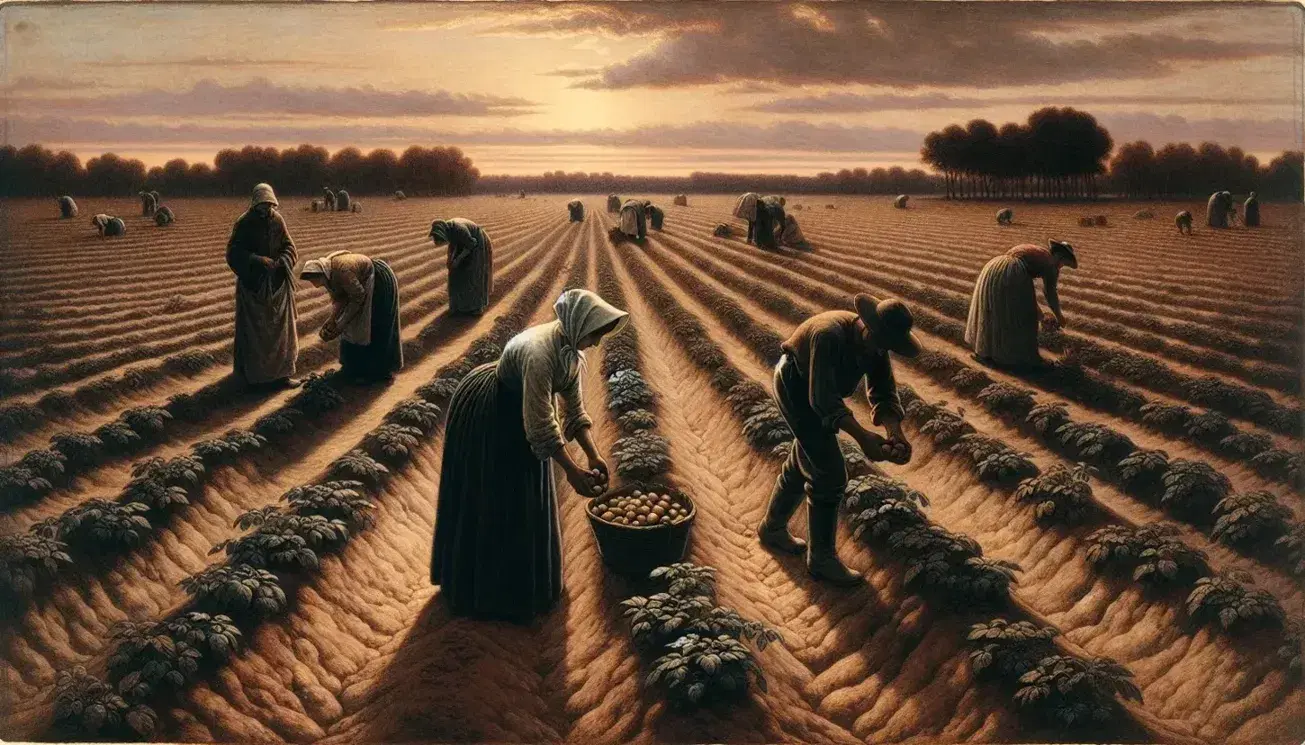 Tre contadini raccolgono patate in un campo al tramonto, con cielo arancione e rosa, evocando la vita rurale del XIX secolo.