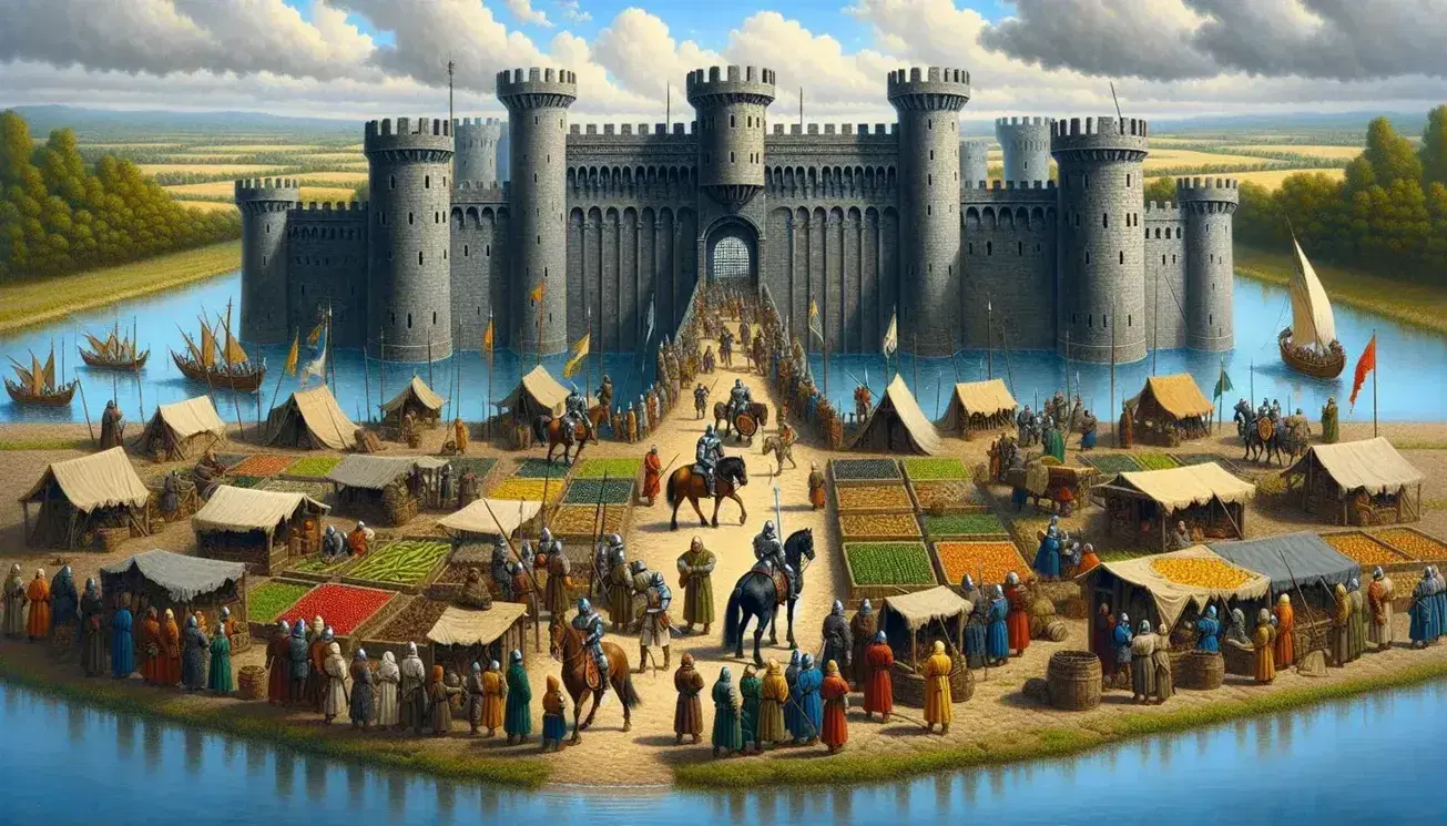 Fortezza medievale in pietra con torri, ponte levatoio e fossato, contadini nei campi, cavalieri in armatura e mercato all'aperto sotto cielo azzurro.