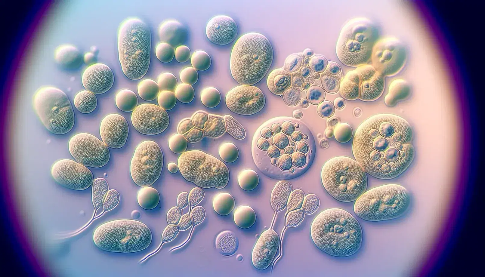 Close-up view of yeast cells under a microscope showing various sizes, budding stages, and internal structures against a stained purple-blue background.