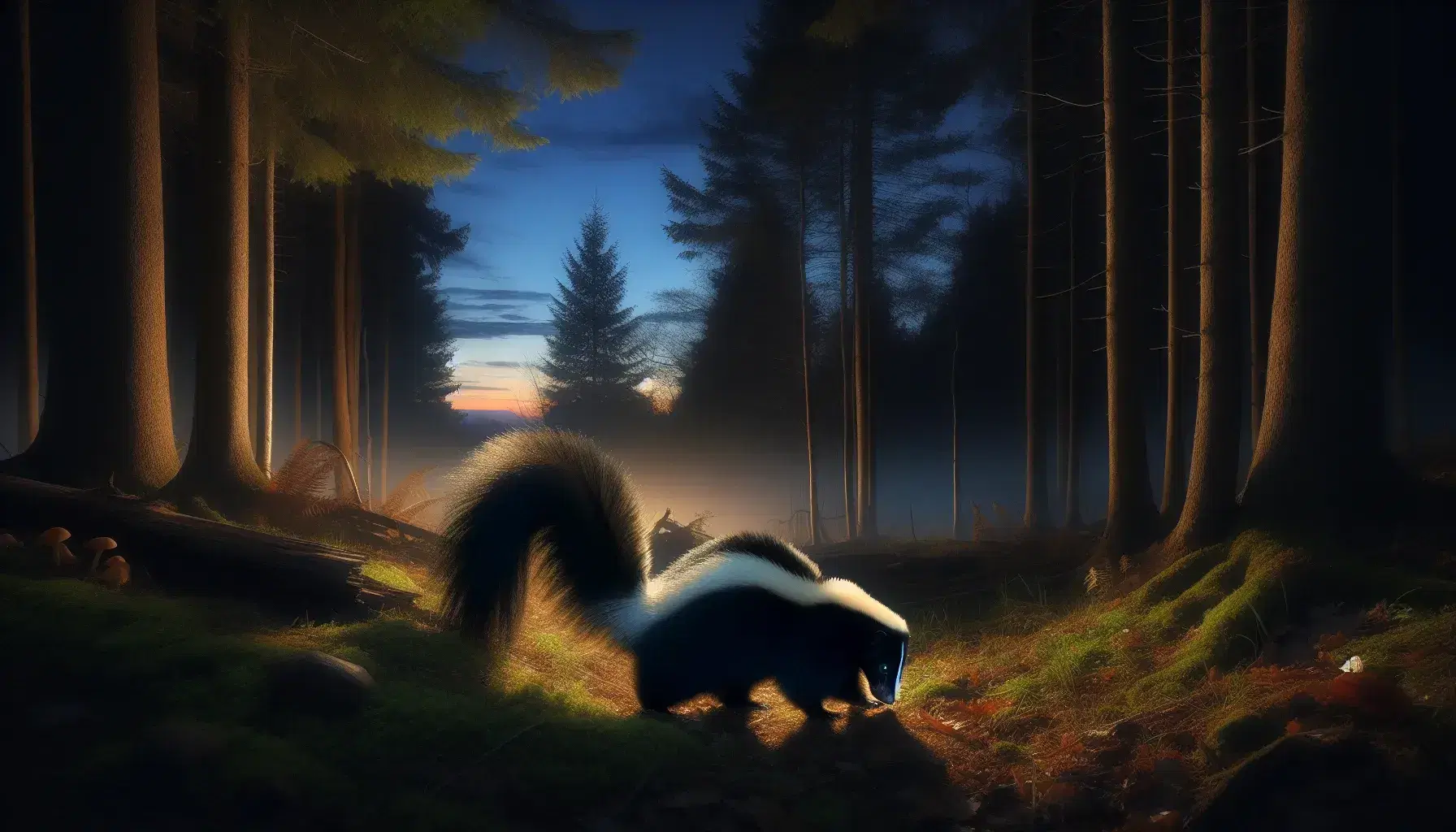 Skunk with distinctive white stripes forages in a clearing at dusk, surrounded by dense forest and a starry twilight sky.